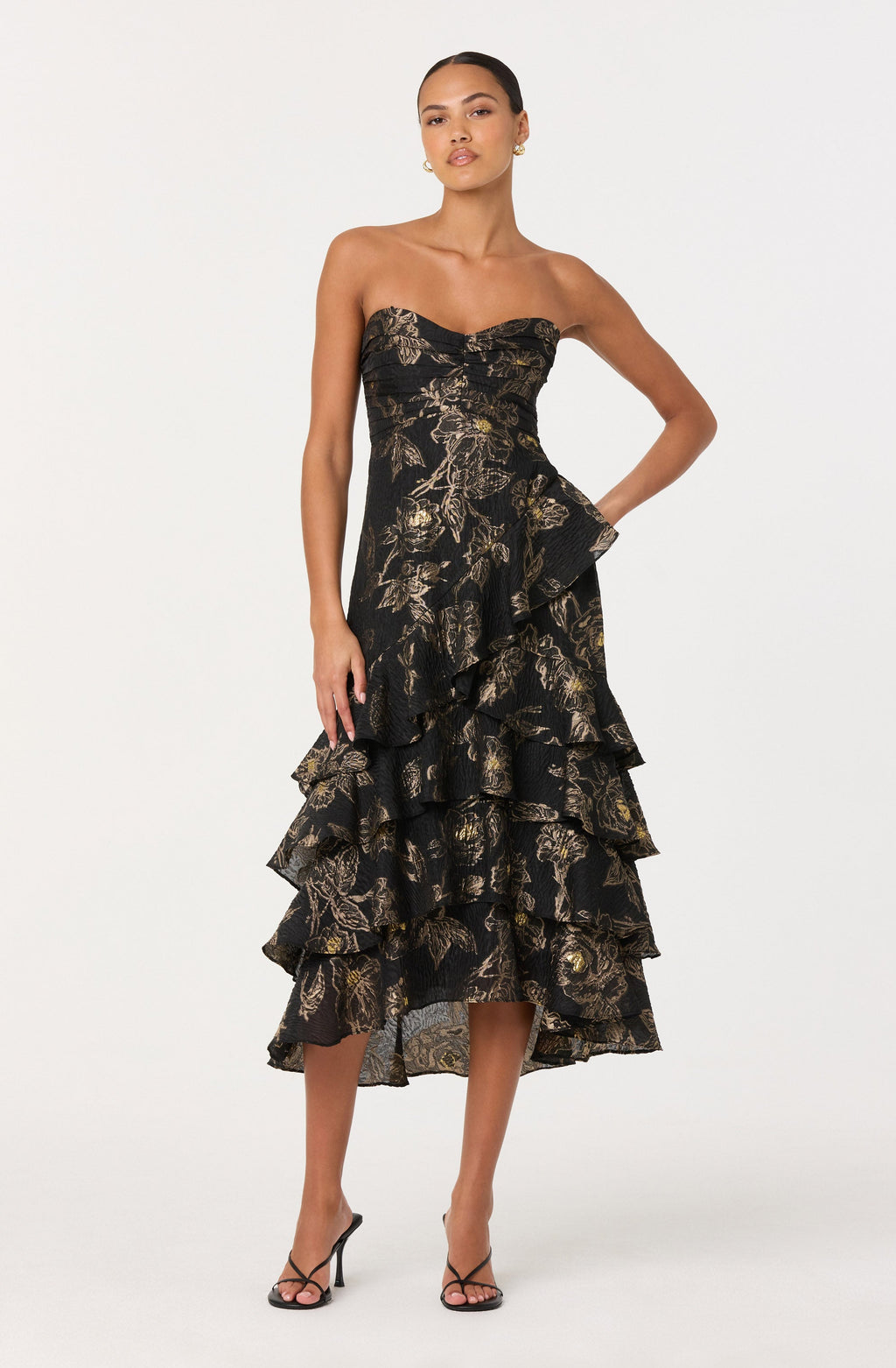 STRAPLESS METALLIC FLORAL MIDI DRESS