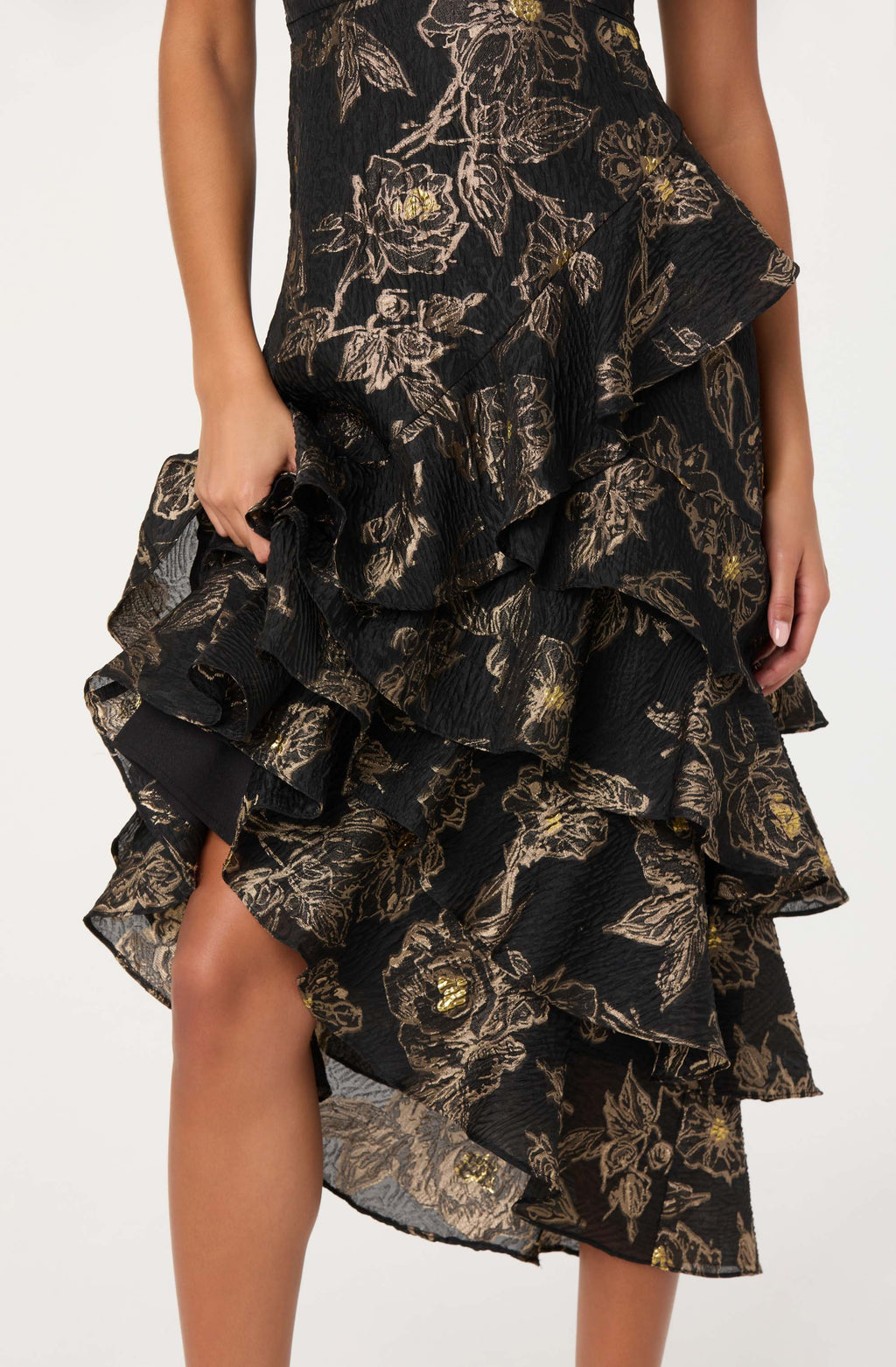 STRAPLESS METALLIC FLORAL MIDI DRESS