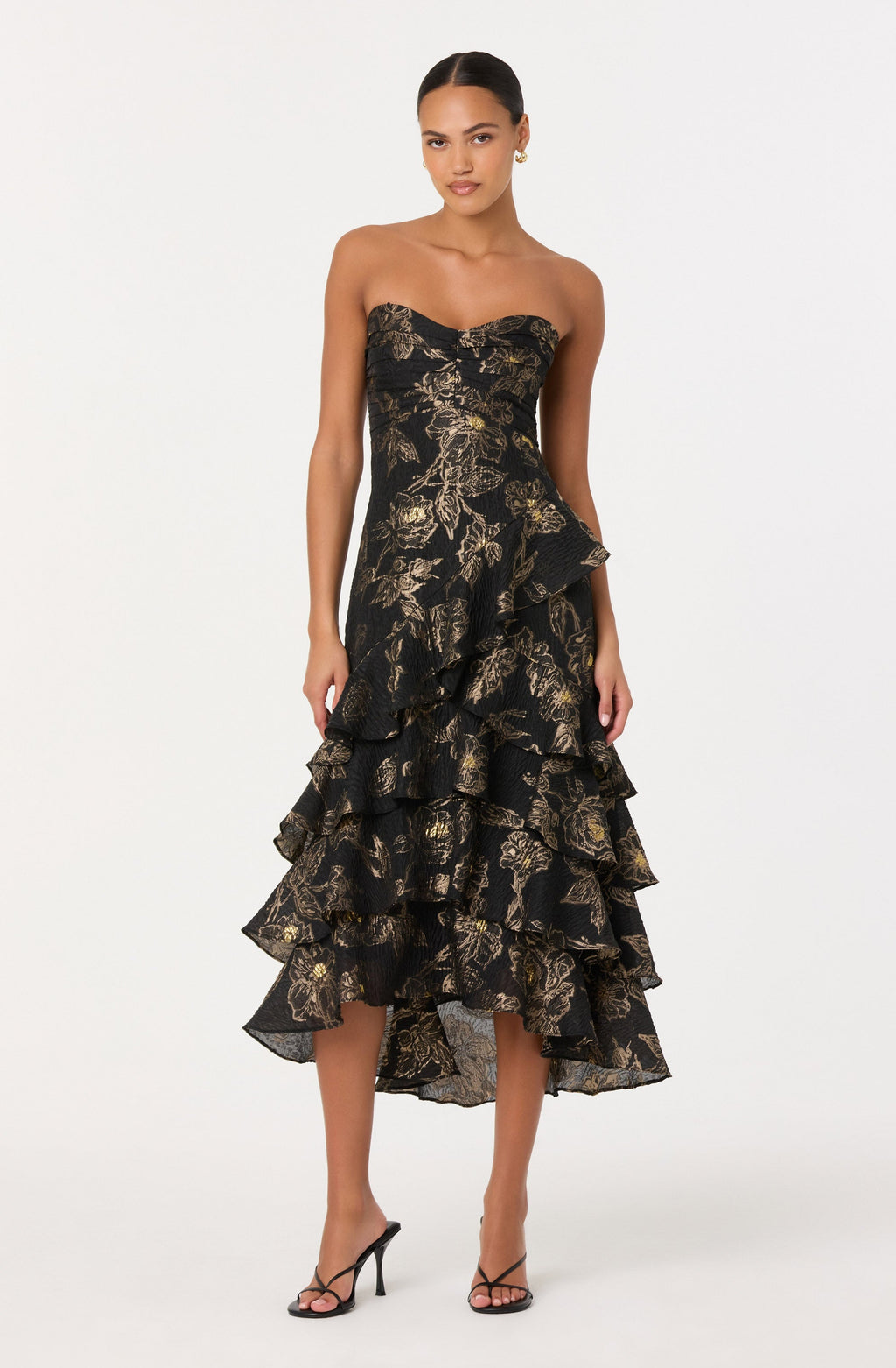 STRAPLESS METALLIC FLORAL MIDI DRESS