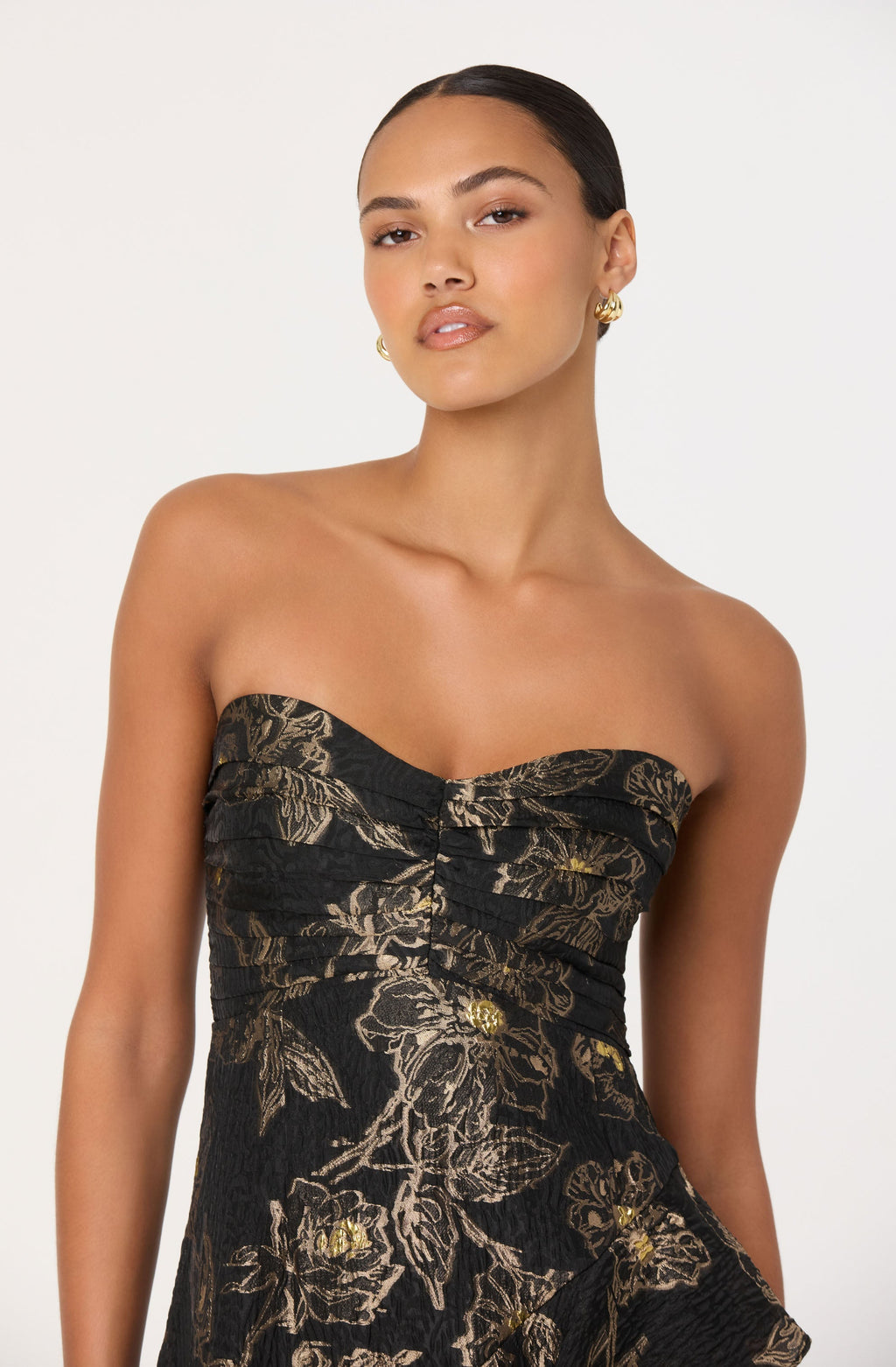 STRAPLESS METALLIC FLORAL MIDI DRESS