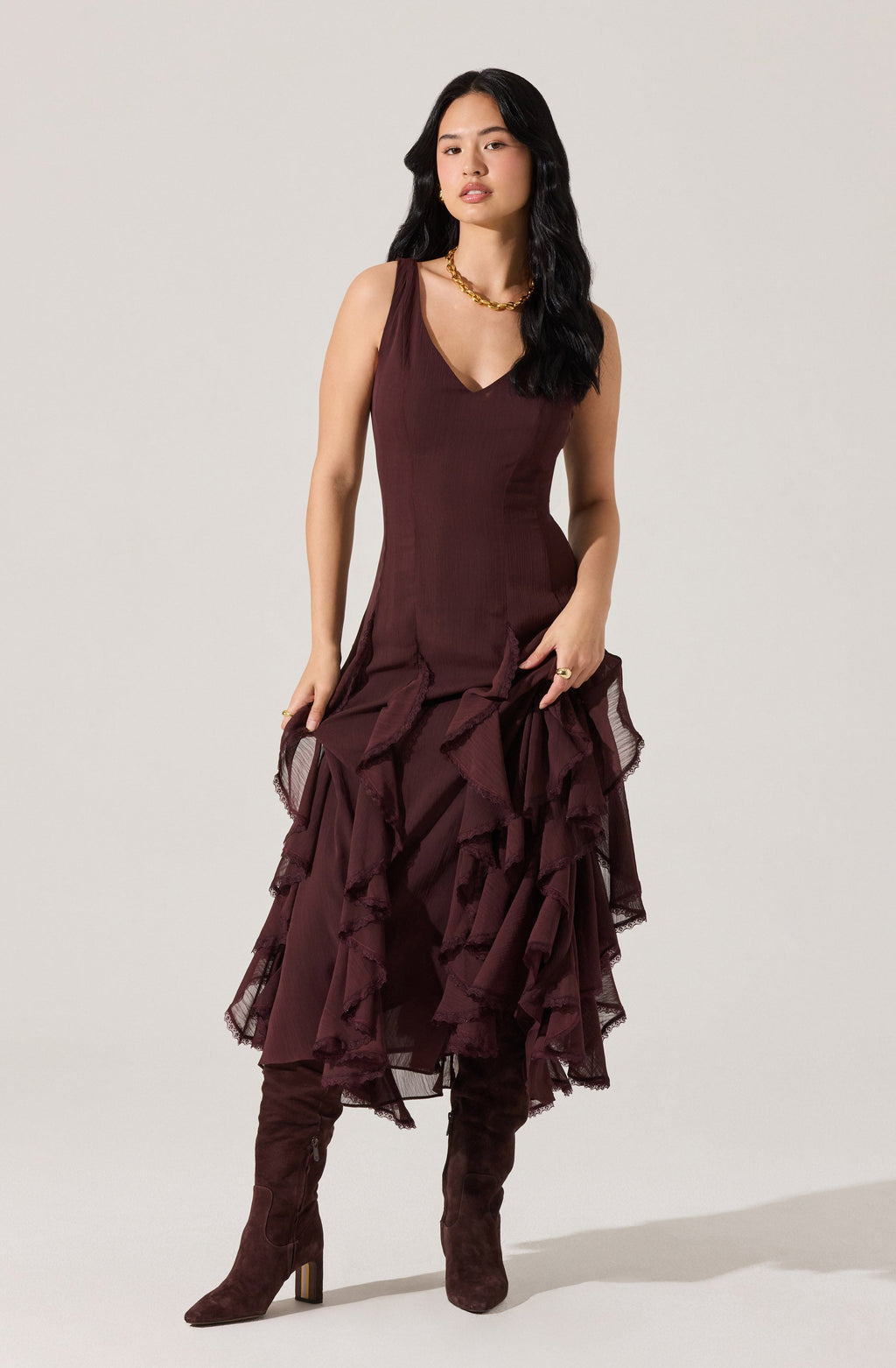 V-NECK RUFFLE TRIM DRESS