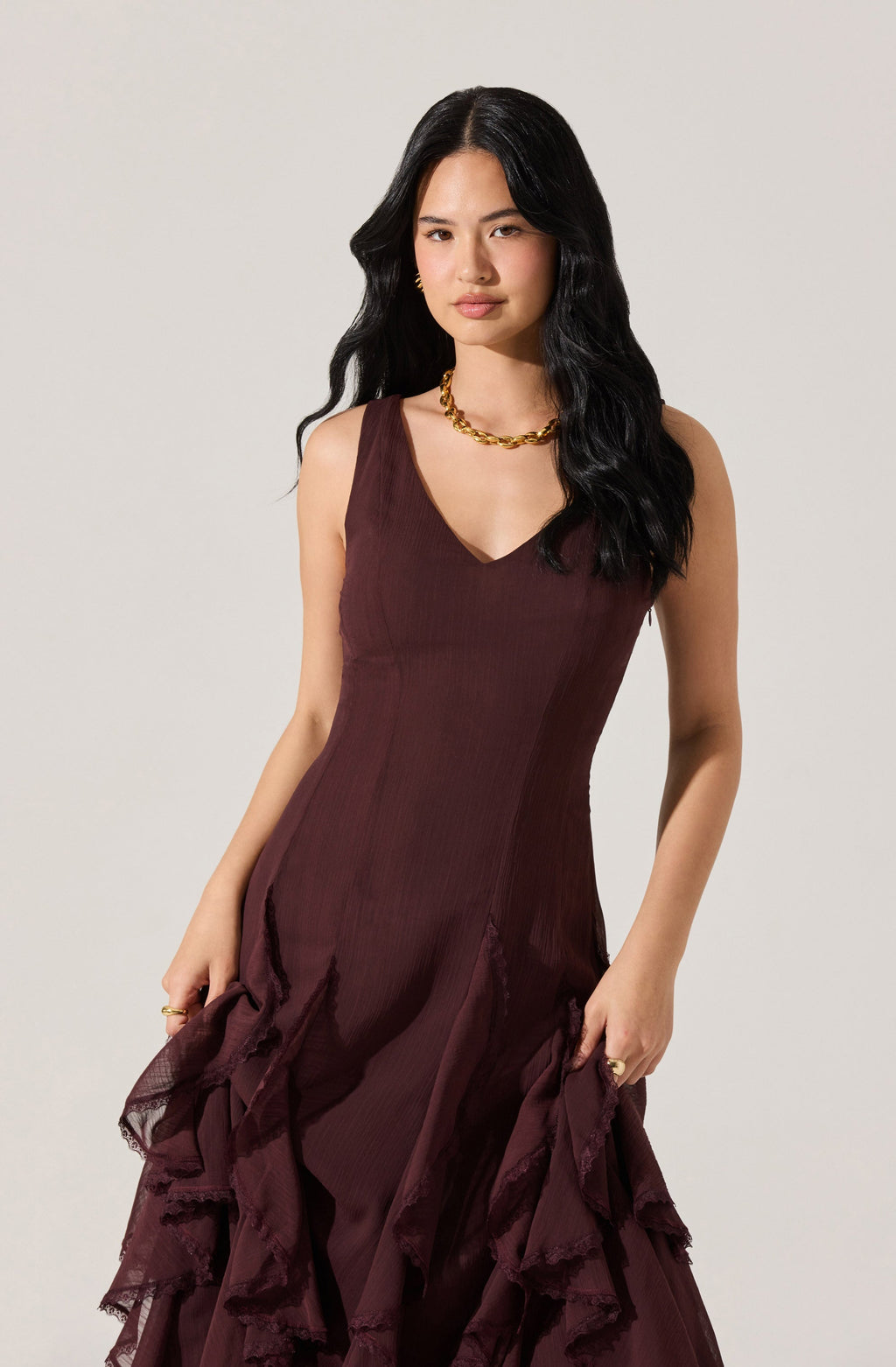 V-NECK RUFFLE TRIM DRESS