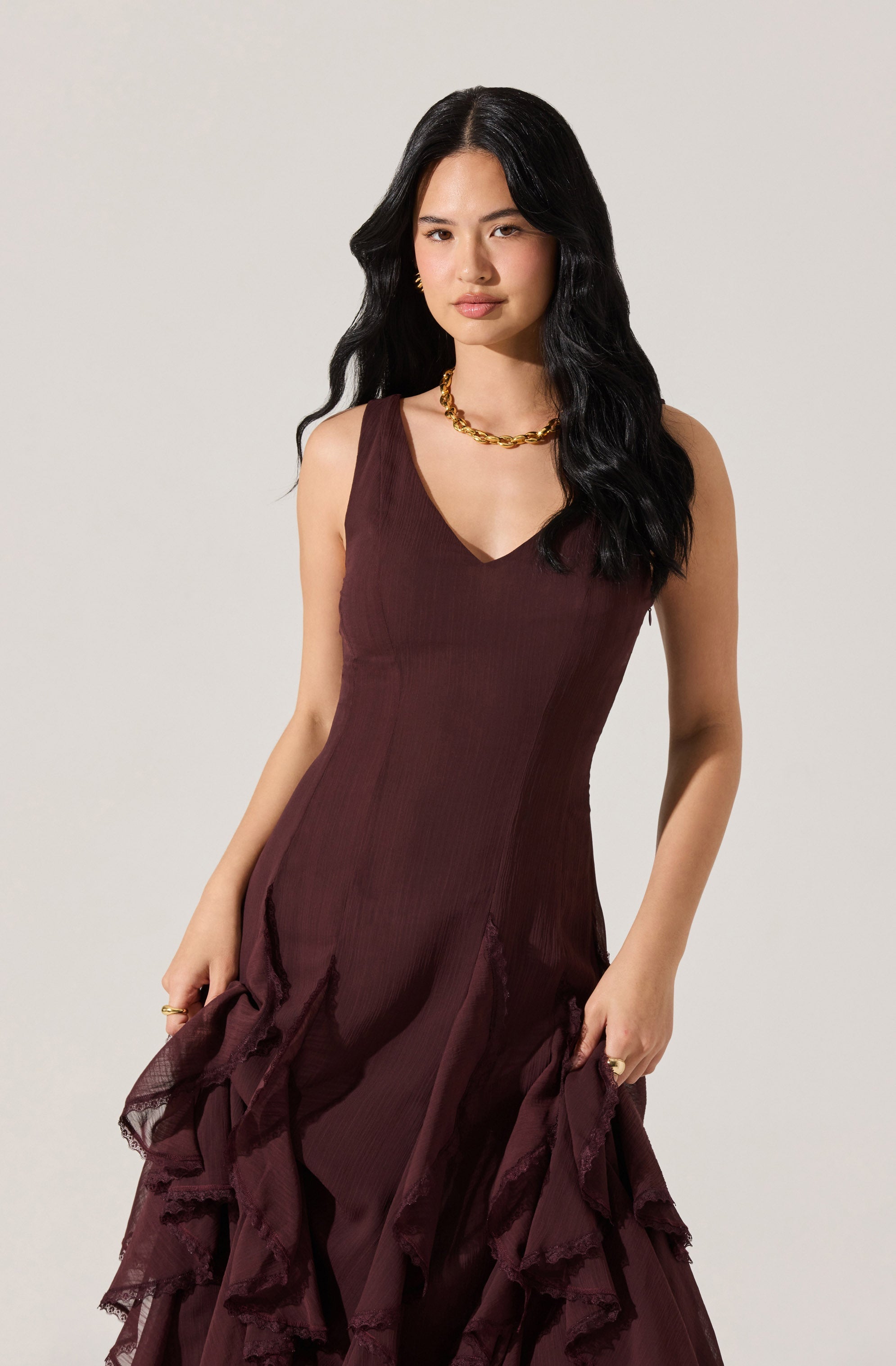 V-NECK RUFFLE TRIM DRESS