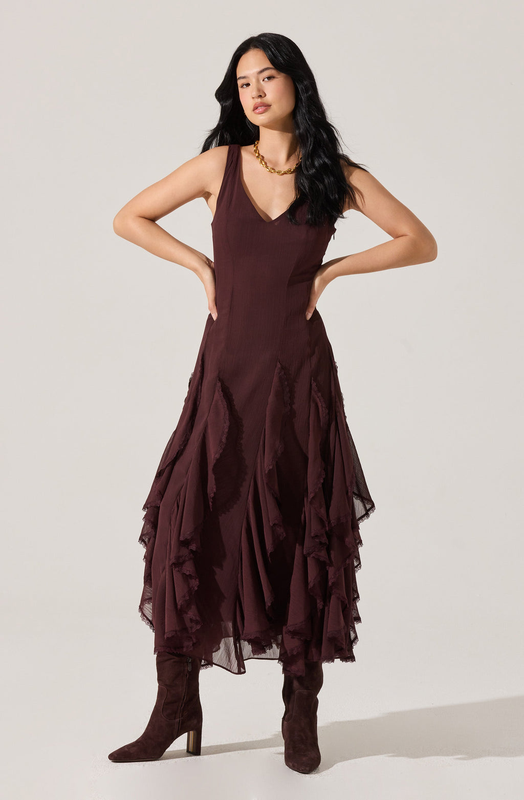 V-NECK RUFFLE TRIM DRESS
