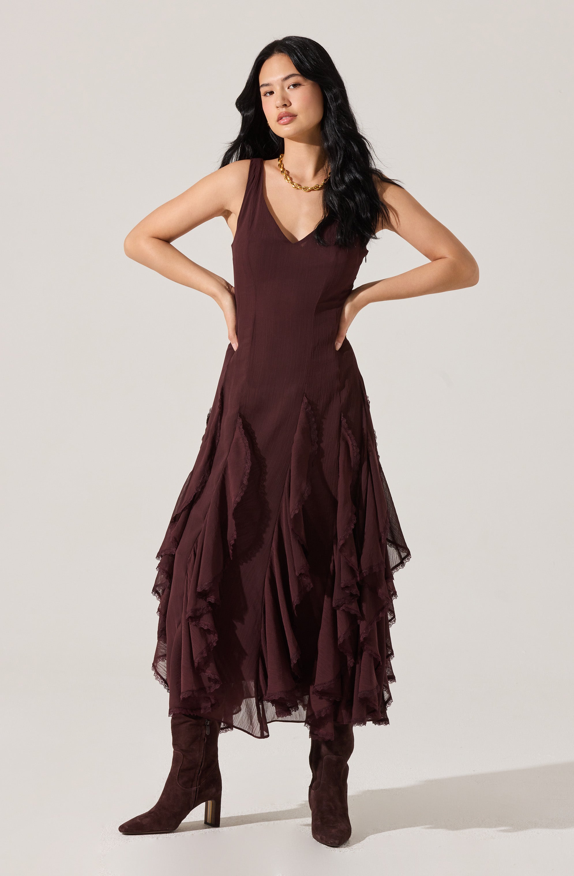 V-NECK RUFFLE TRIM DRESS