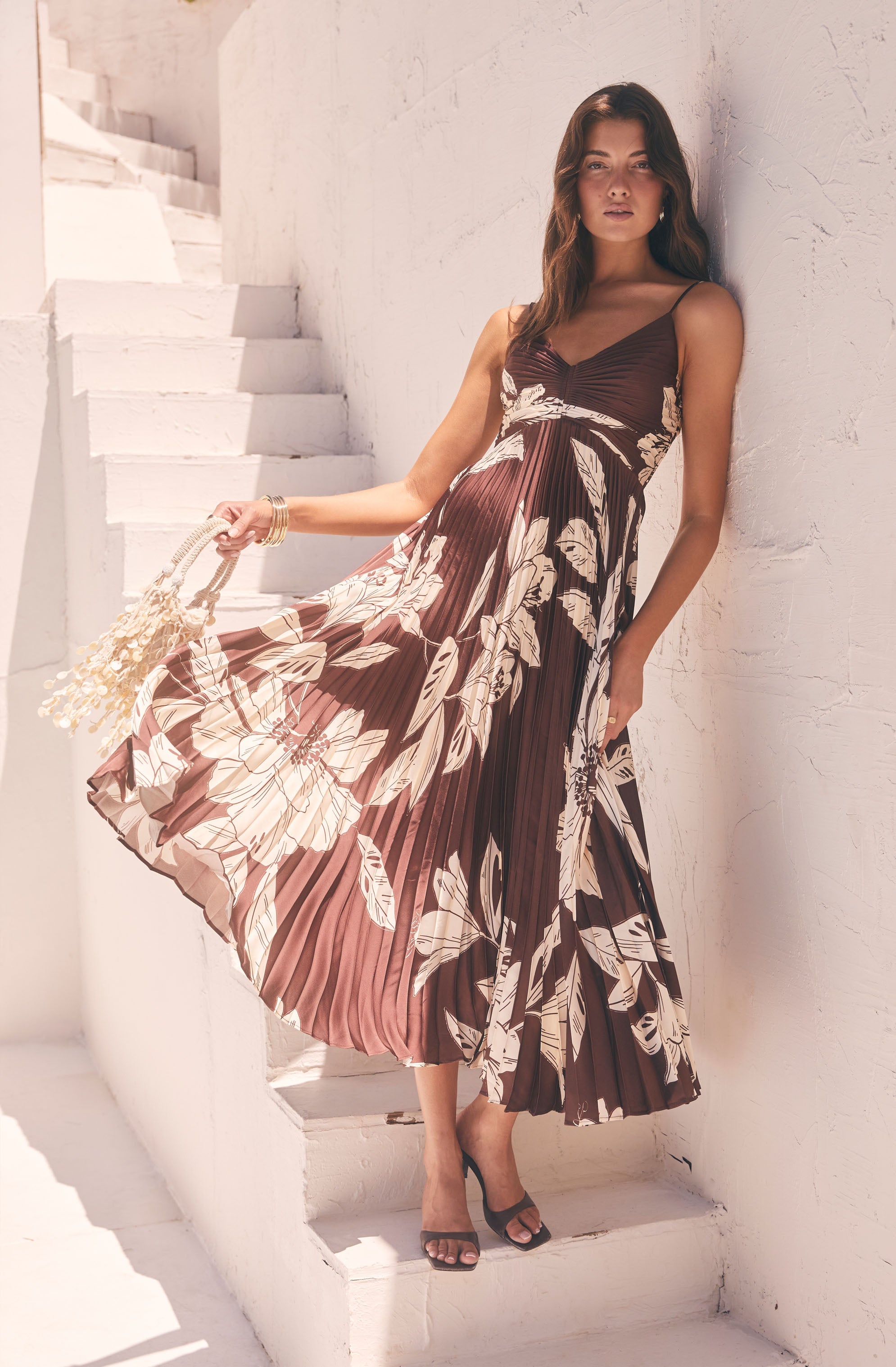 PLEATED SATIN V-NECK MAXI DRESS