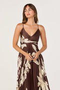 PLEATED SATIN V-NECK MAXI DRESS
