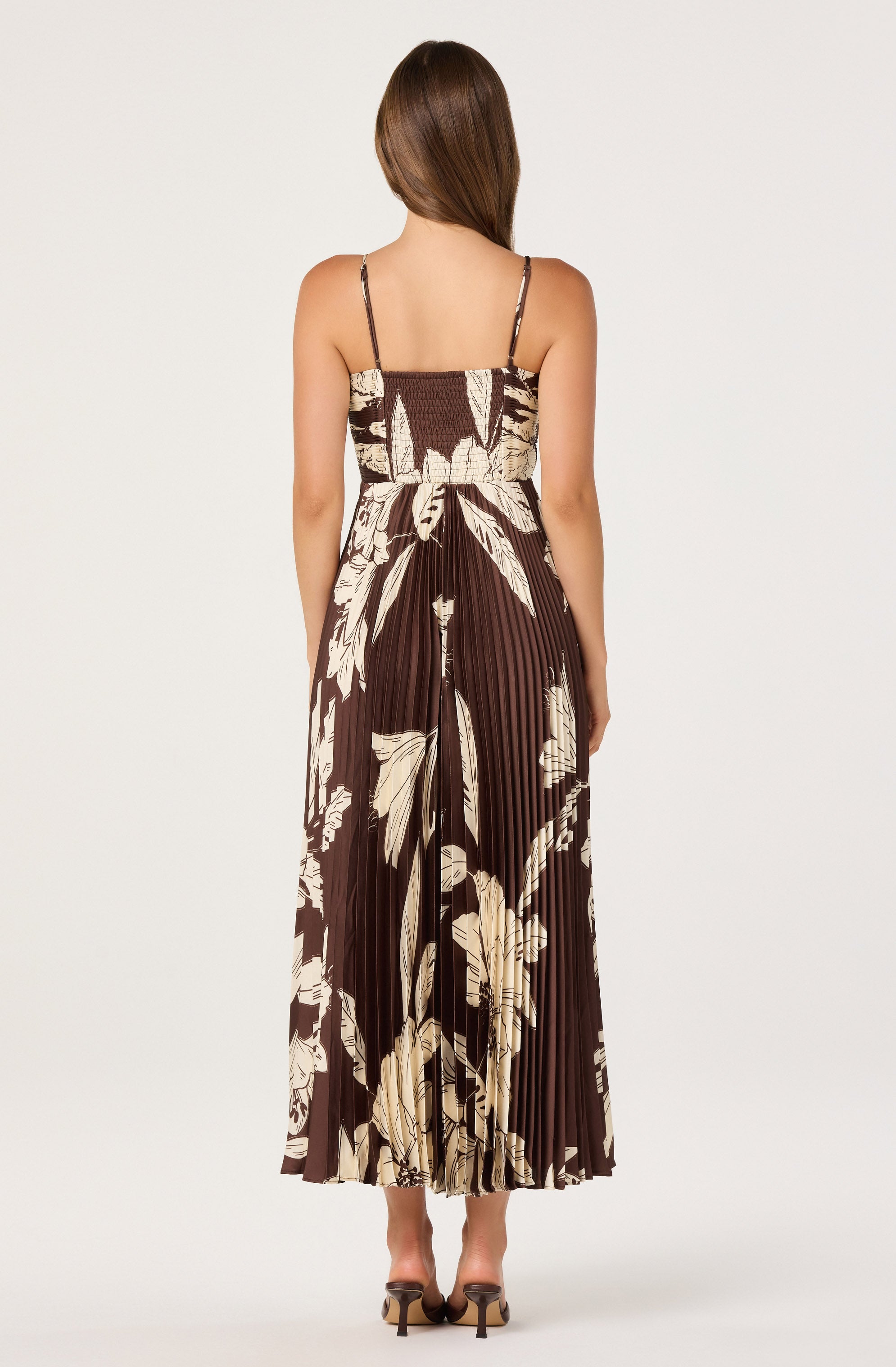 PLEATED SATIN V-NECK MAXI DRESS