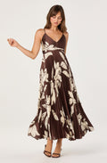 PLEATED SATIN V-NECK MAXI DRESS