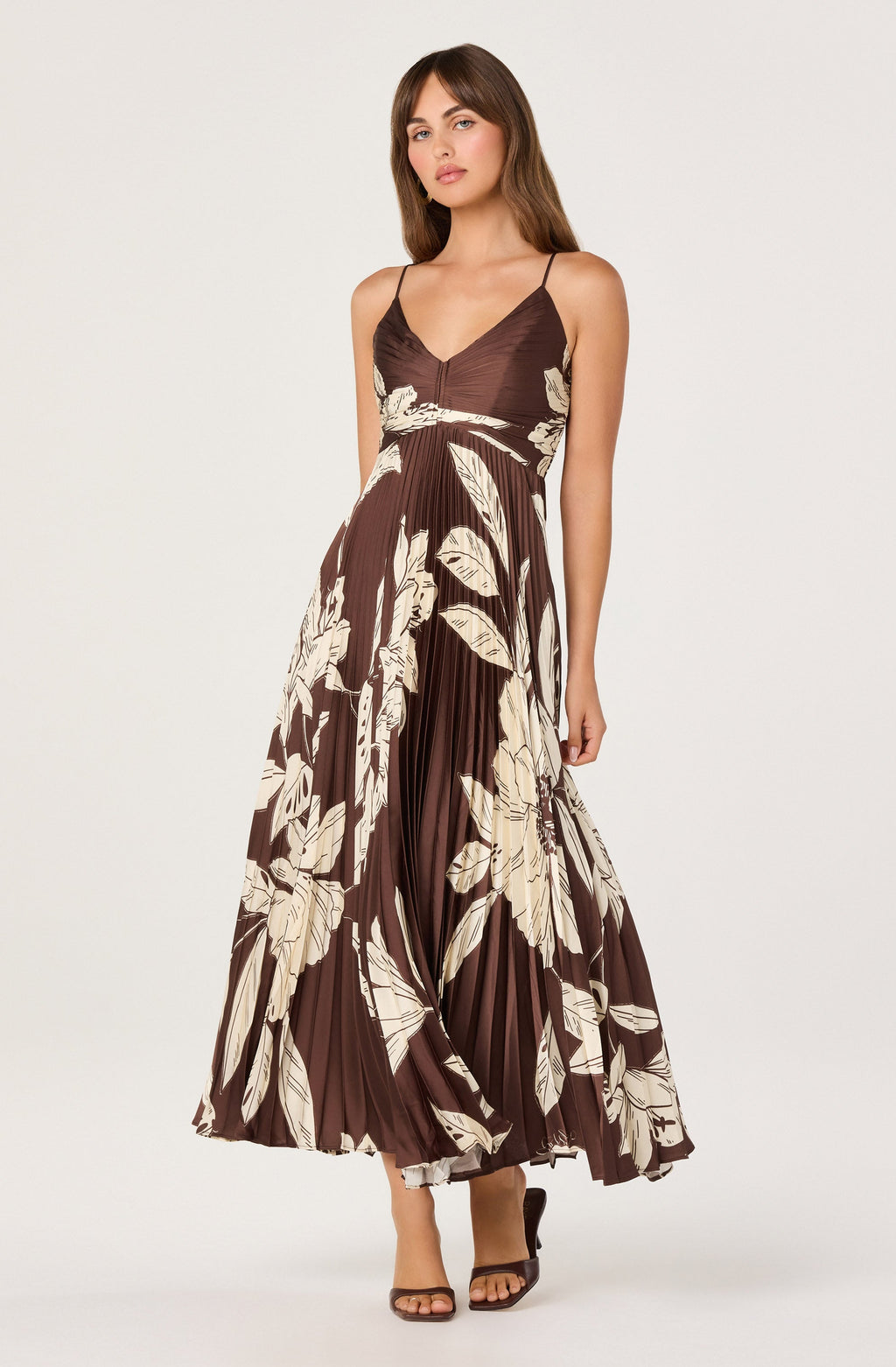 PLEATED SATIN V-NECK MAXI DRESS