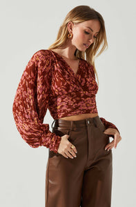 PLEATED FLORAL PUFF SLEEVE TOP