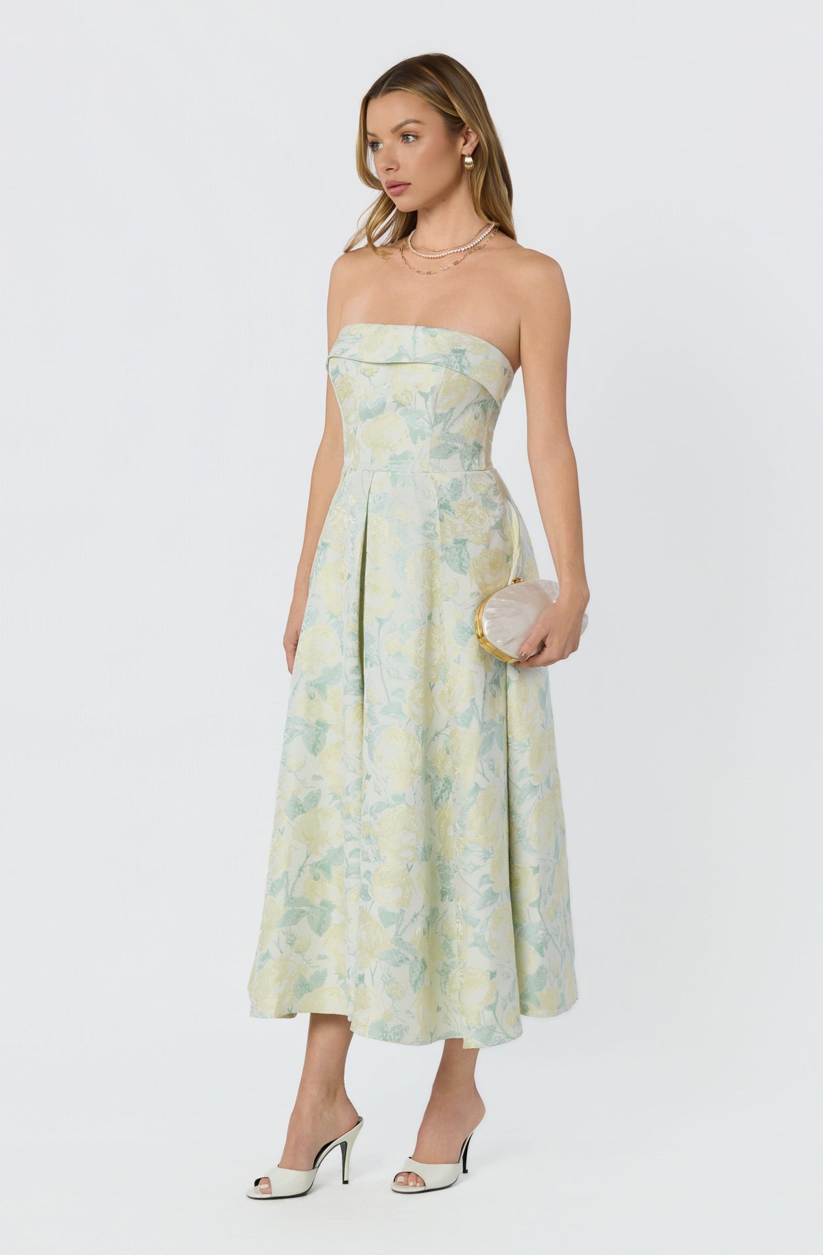 FLORAL JACQUARD STRAPLESS MIDI DRESS