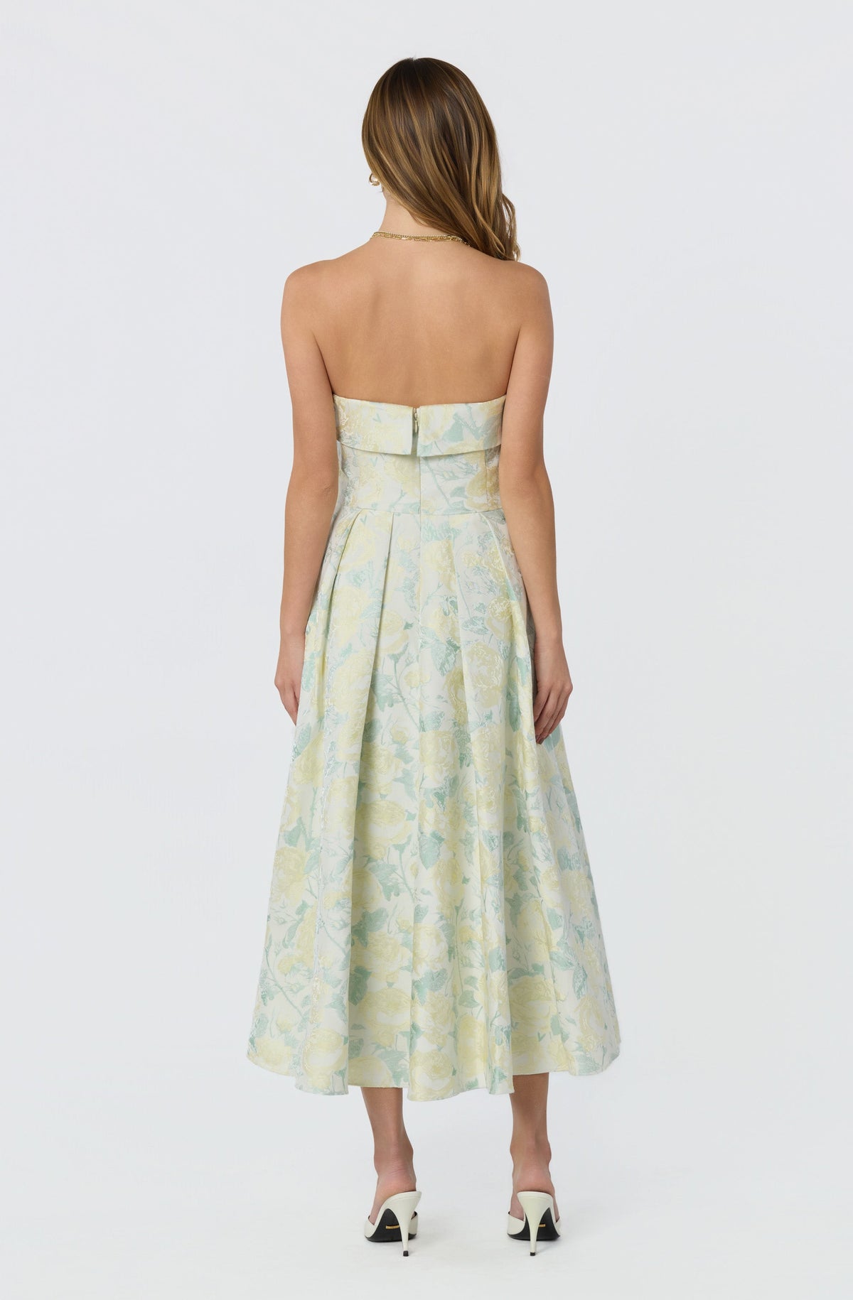 FLORAL JACQUARD STRAPLESS MIDI DRESS