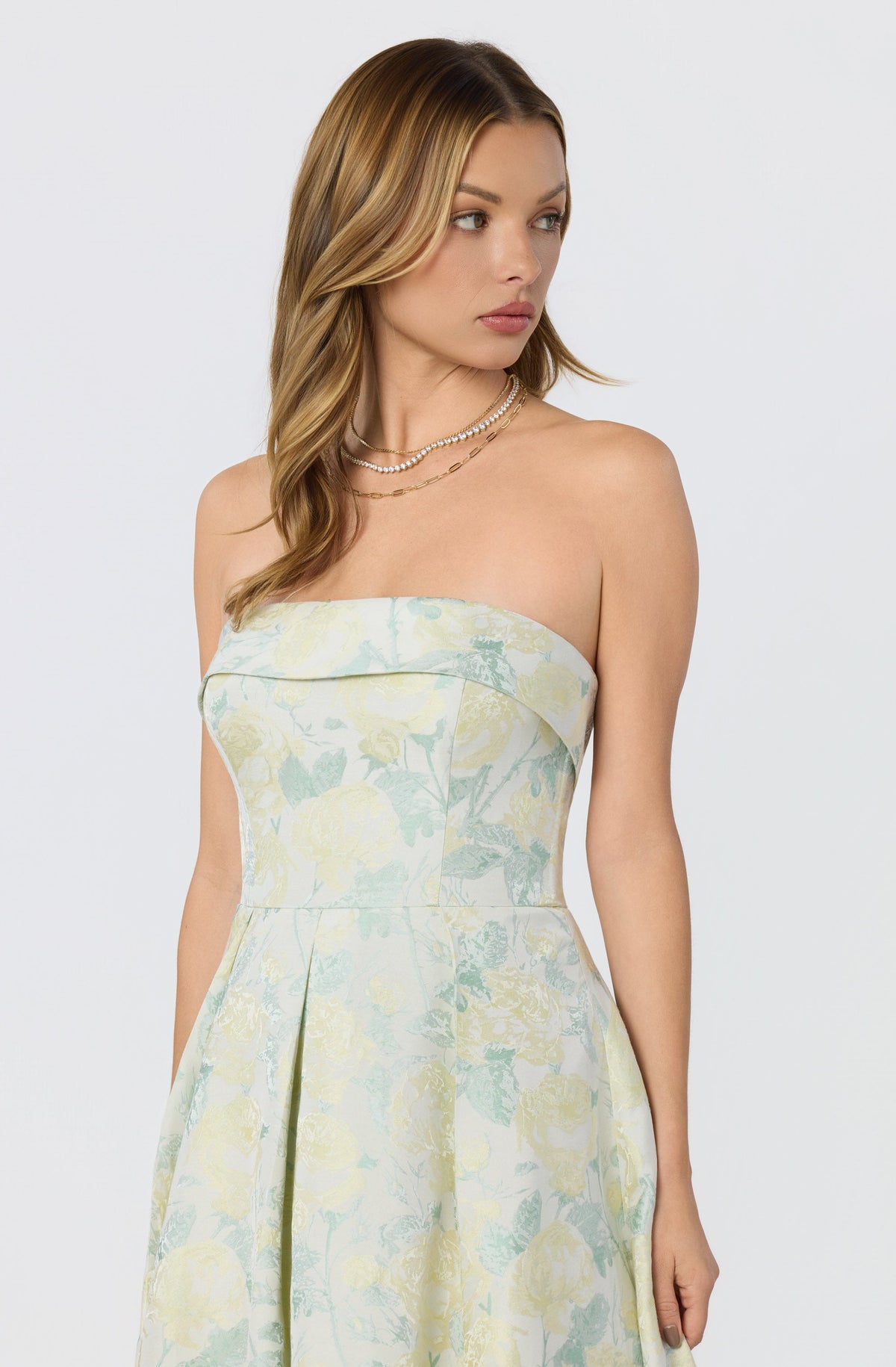 FLORAL JACQUARD STRAPLESS MIDI DRESS