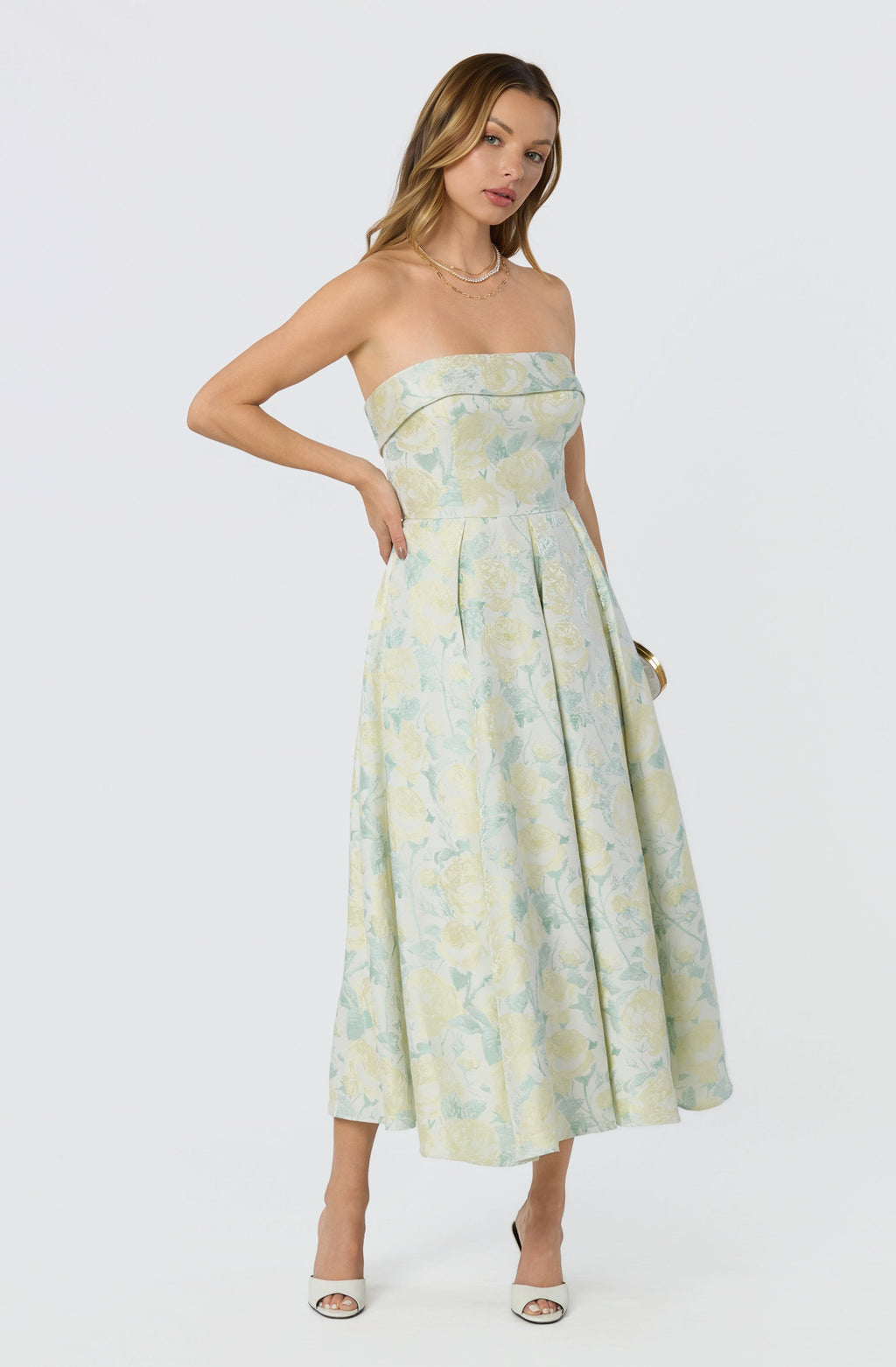 FLORAL JACQUARD STRAPLESS MIDI DRESS