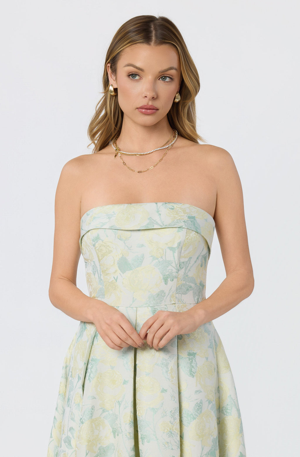 FLORAL JACQUARD STRAPLESS MIDI DRESS