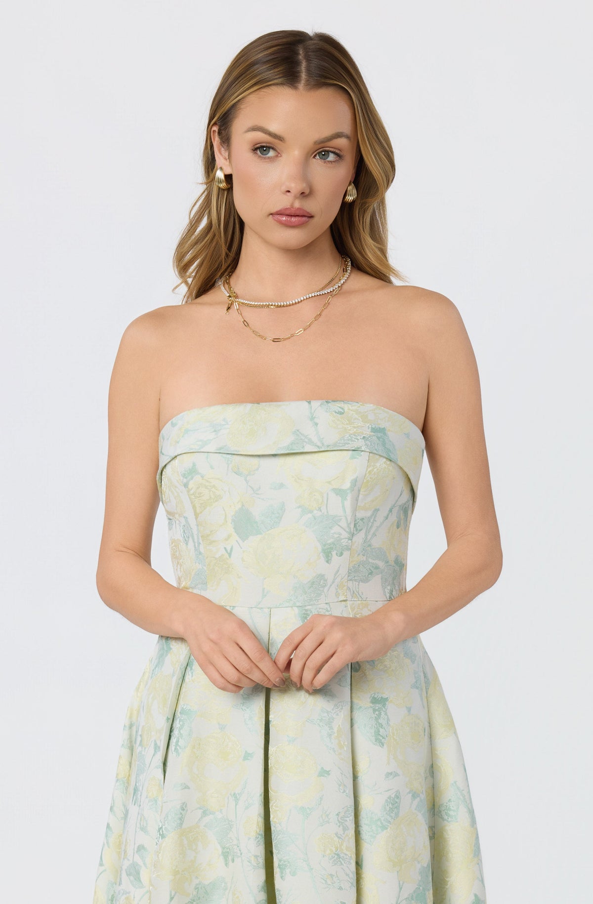 FLORAL JACQUARD STRAPLESS MIDI DRESS