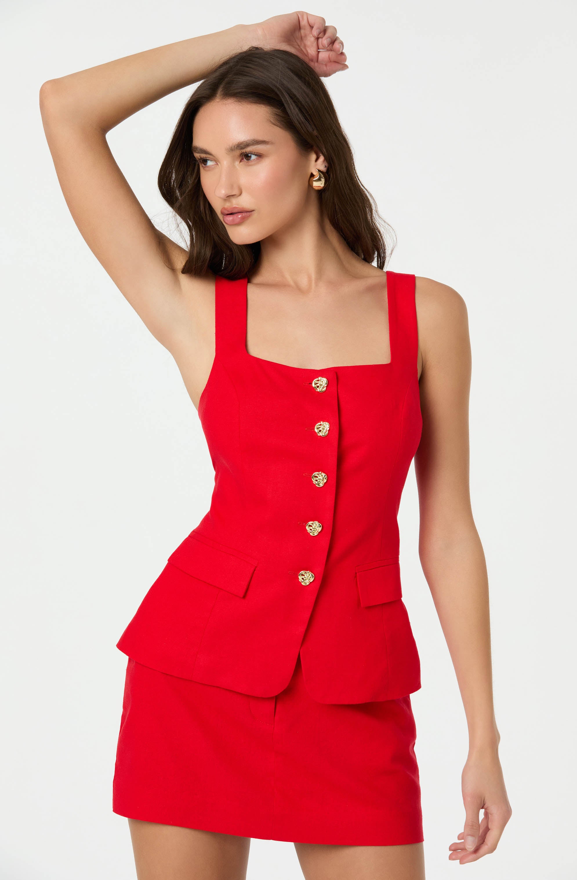 BUTTON FRONT SQUARE NECK VEST/MINI SKIRT SET