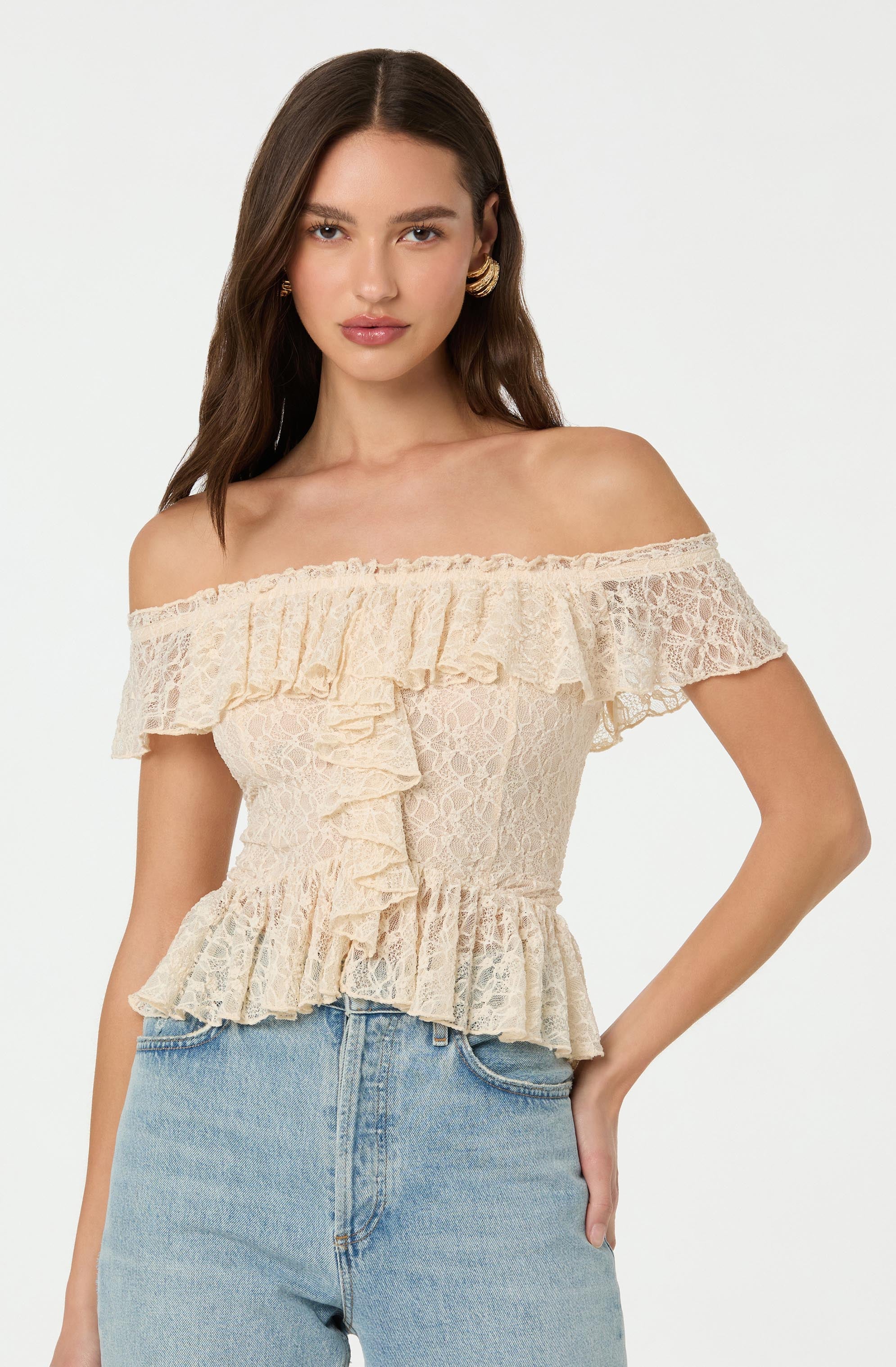 LACE OFF SHOULDER RUFFLE TOP
