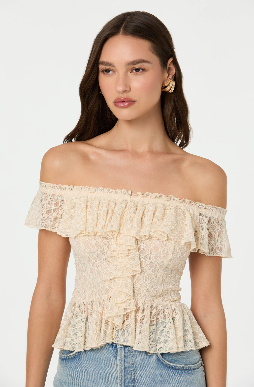 LACE OFF SHOULDER RUFFLE TOP