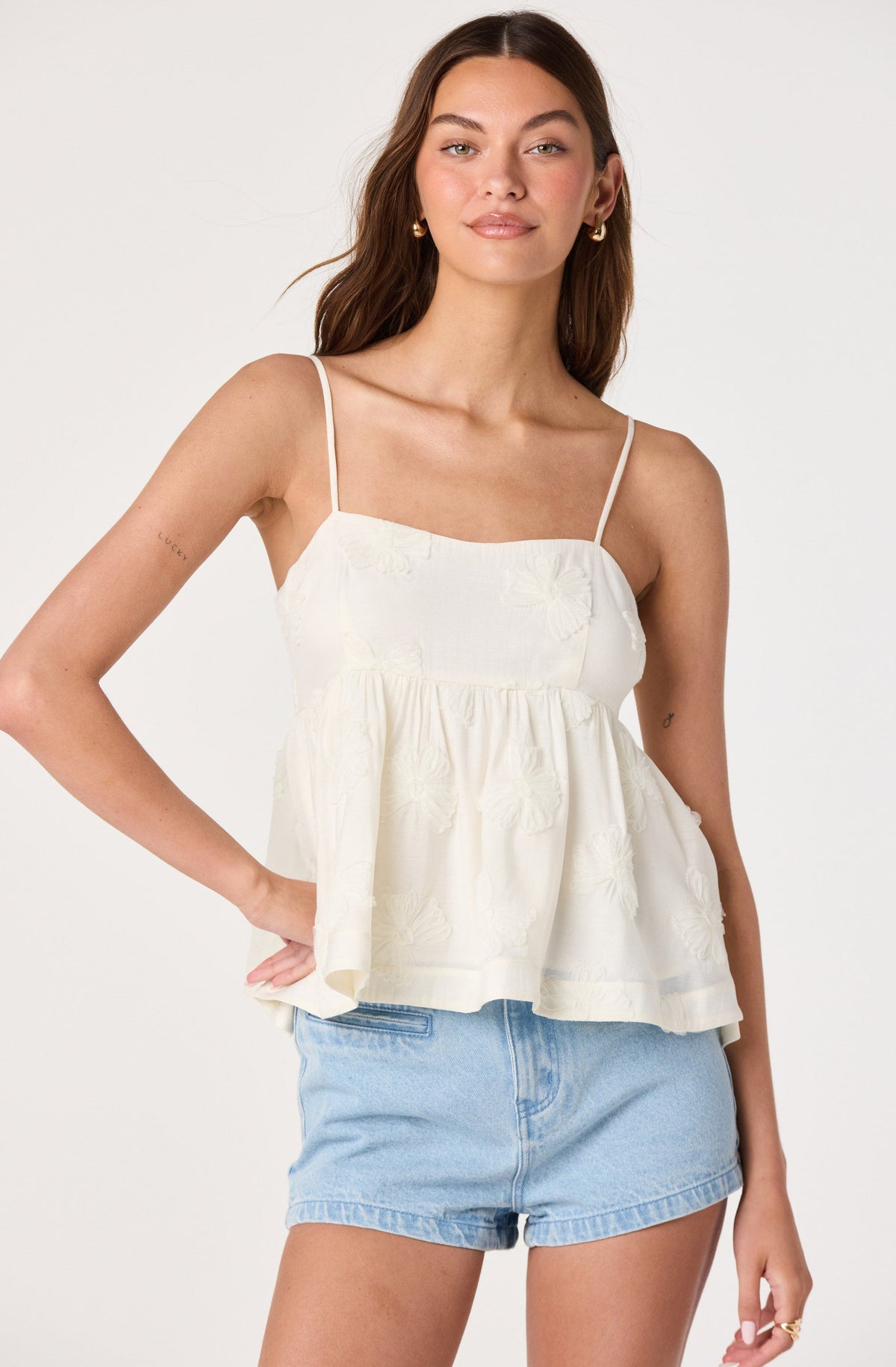 FLORAL APPLIQUE BABYDOLL TOP