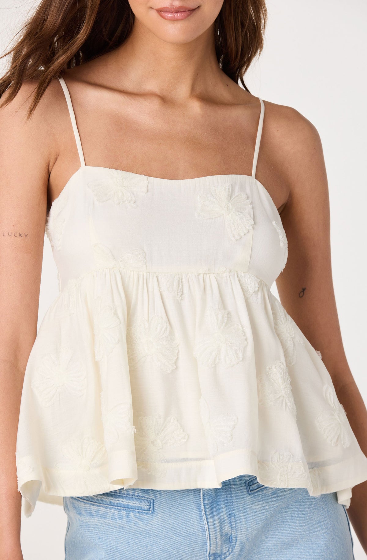 FLORAL APPLIQUE BABYDOLL TOP