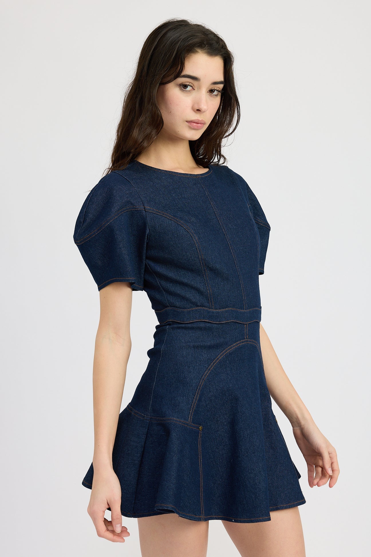 DENIM RUFFLE MINI DRESS