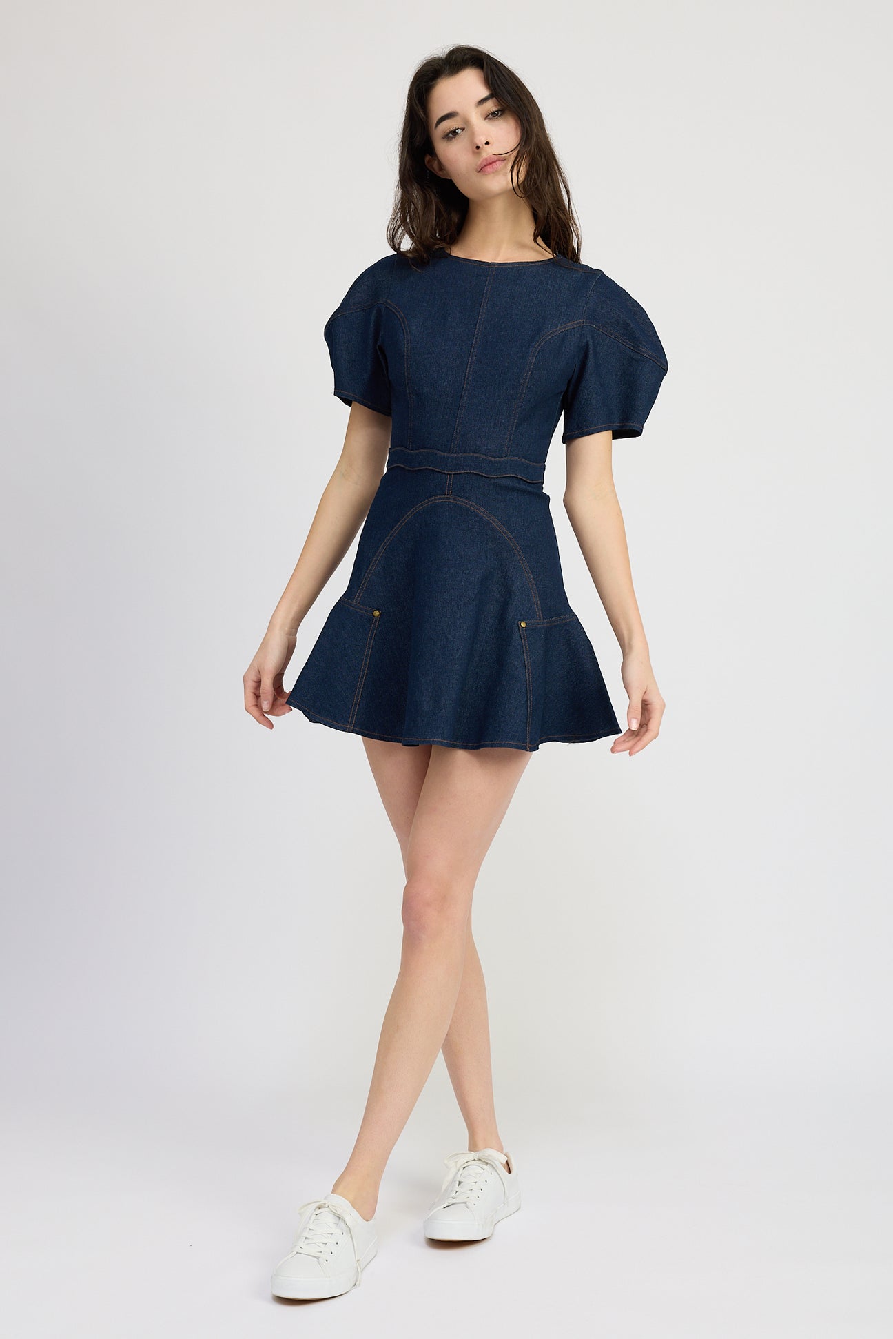 DENIM RUFFLE MINI DRESS