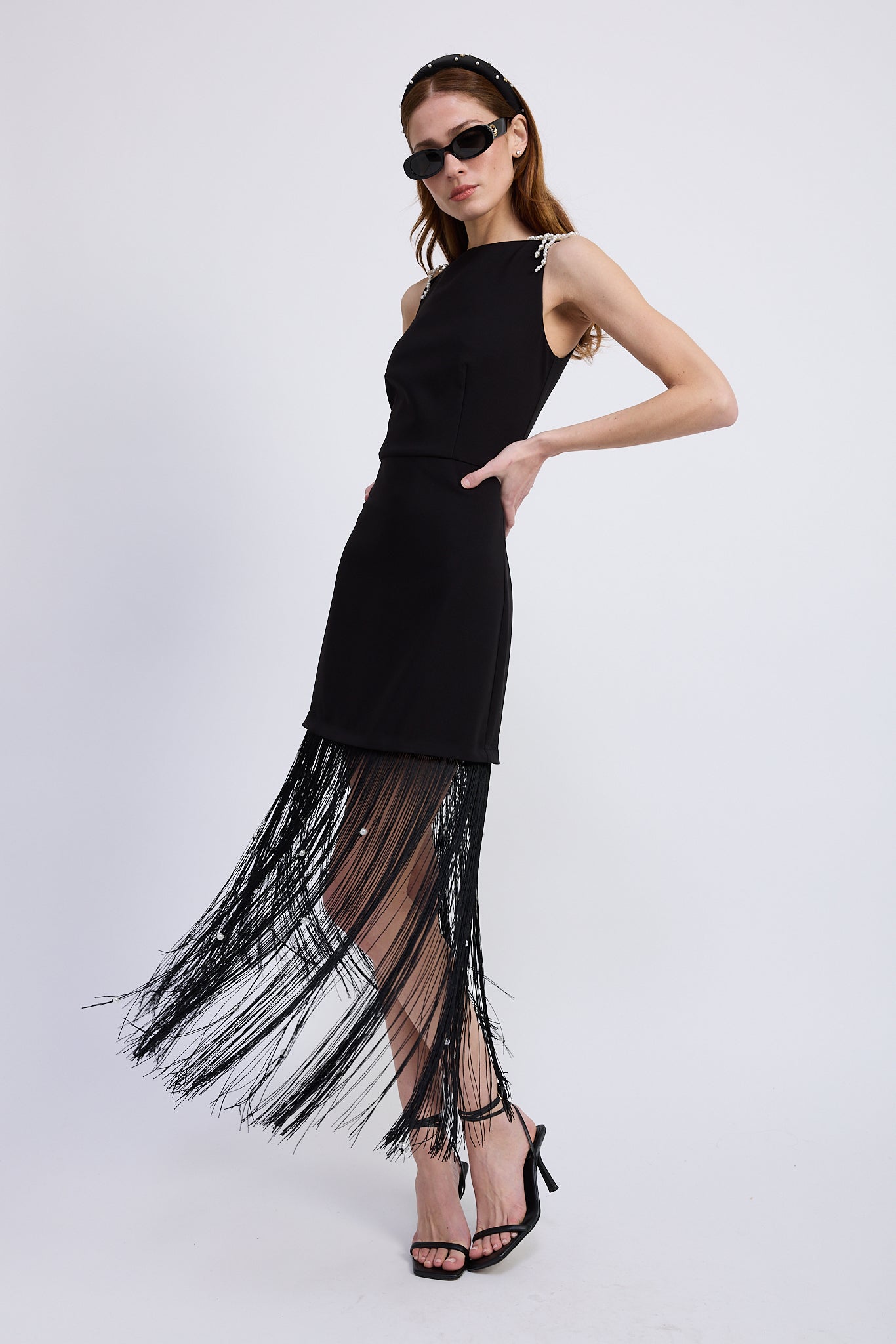 REMOVABLE PEARL BEADED FRINGE TRIM MINI DRESS