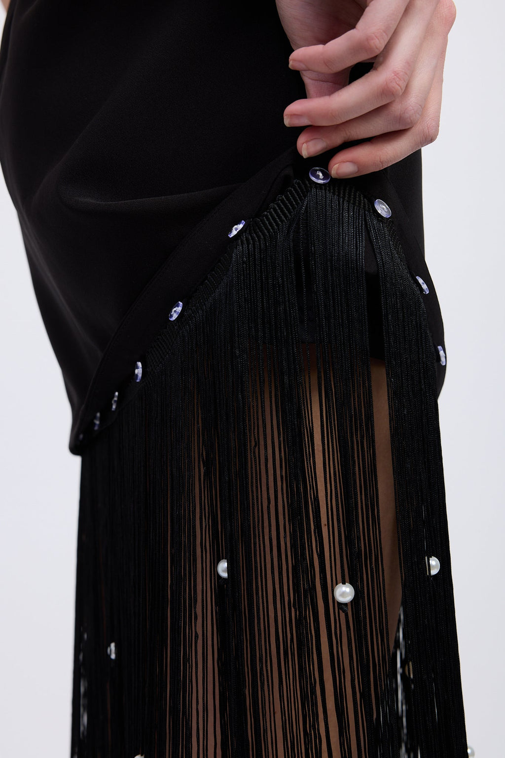 REMOVABLE PEARL BEADED FRINGE TRIM MINI DRESS