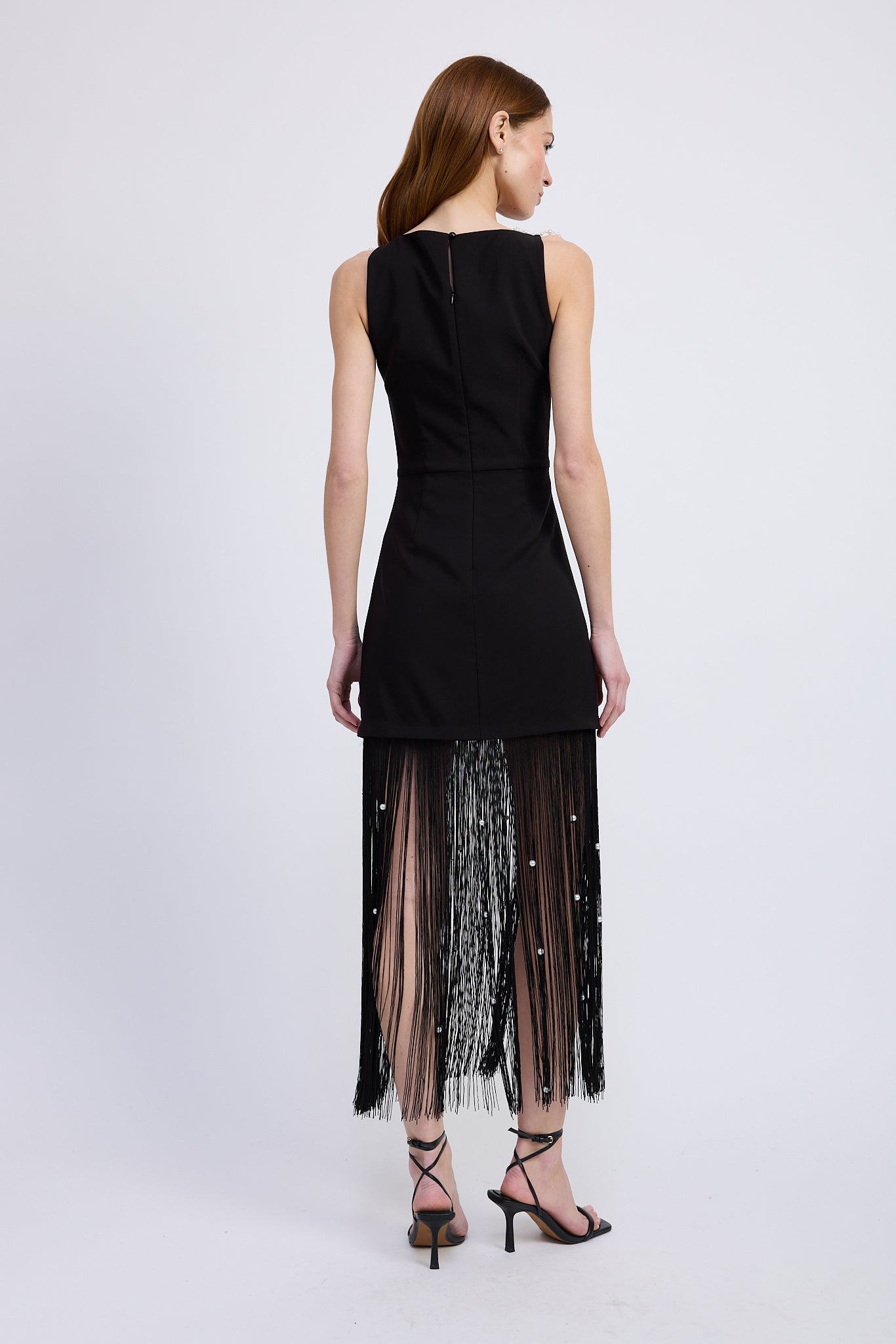 REMOVABLE PEARL BEADED FRINGE TRIM MINI DRESS