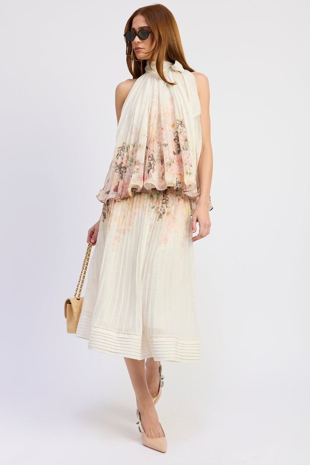 BORDER PRINT SWING TOP/MIDI SKIRT SET