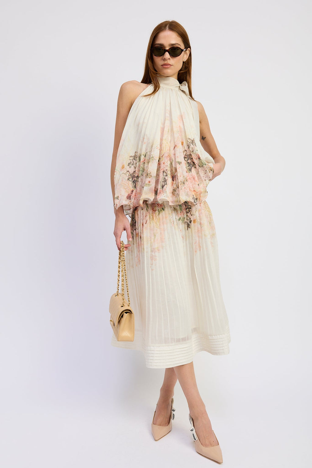 BORDER PRINT SWING TOP/MIDI SKIRT SET