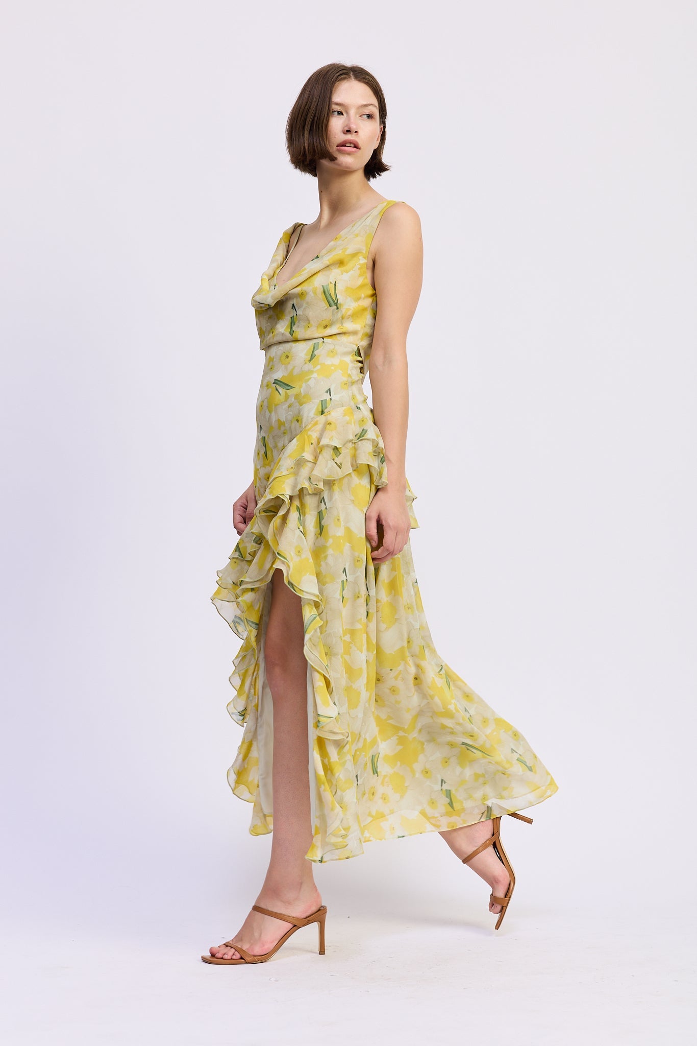 RUFFLE SLIT MAXI DRESS