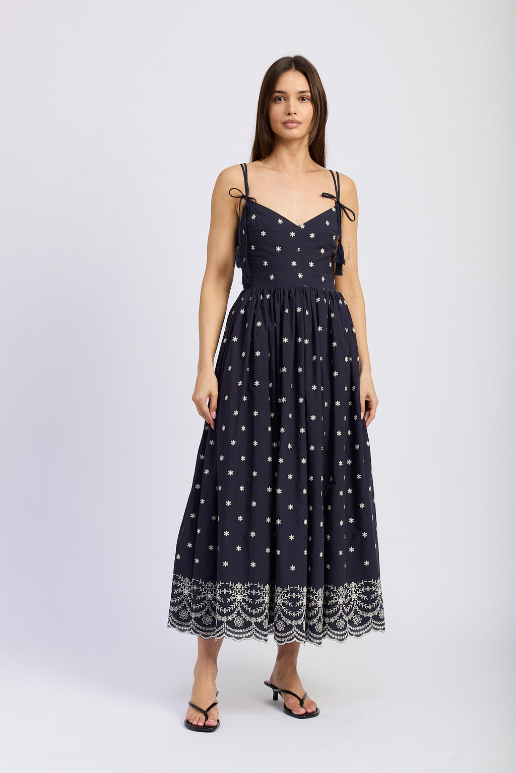 BORDER EMBROIDERED MIDI DRESS