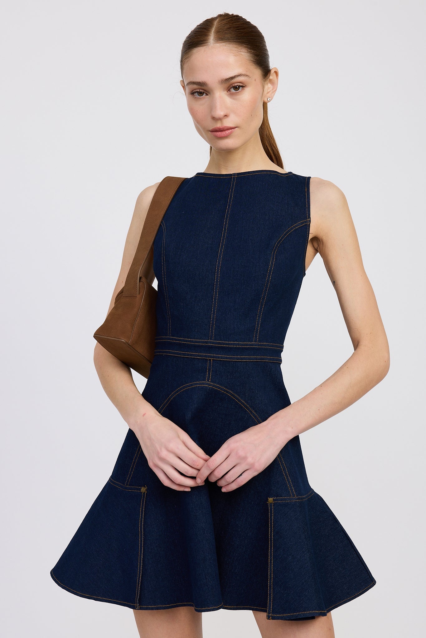 DENIM RUFFLE MINI DRESS