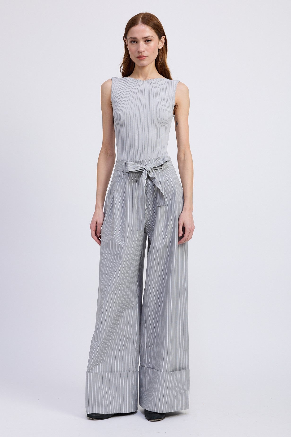 HIGH WAIST WIDE LEG CUFFED PANTS