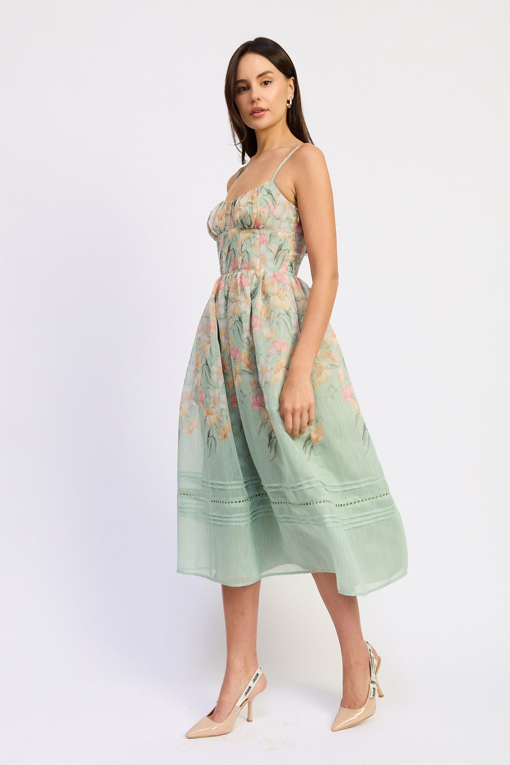 RUCHED CORSET BODICE MIDI DRESS