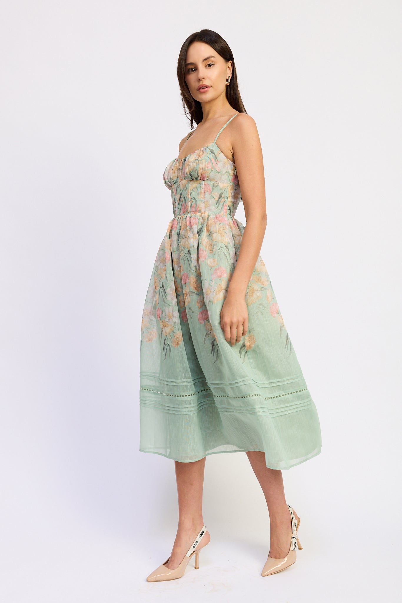 RUCHED CORSET BODICE MIDI DRESS