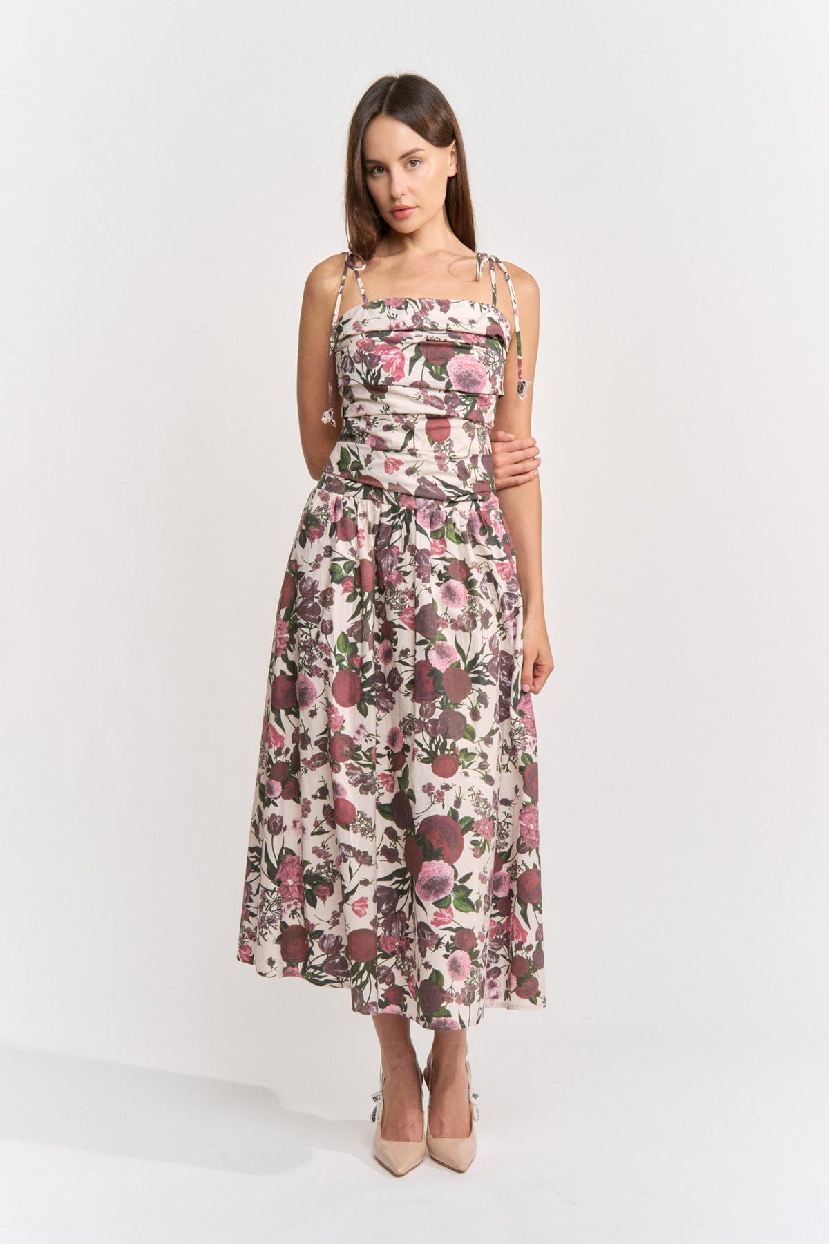 DROP WAIST SHOULDER TIE MIDI DRESS