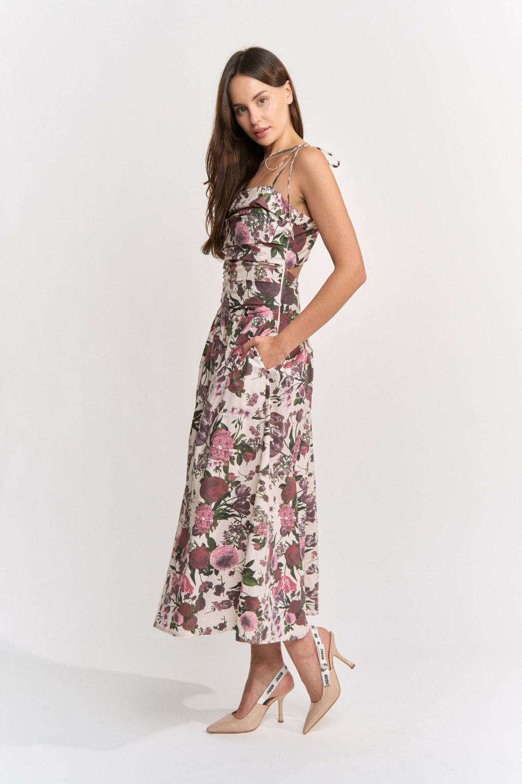 DROP WAIST SHOULDER TIE MIDI DRESS