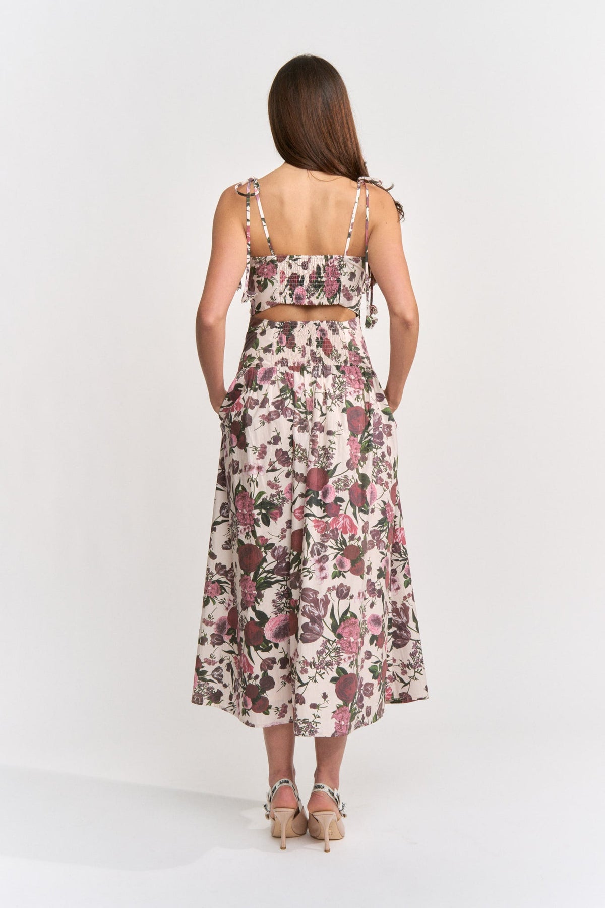 DROP WAIST SHOULDER TIE MIDI DRESS