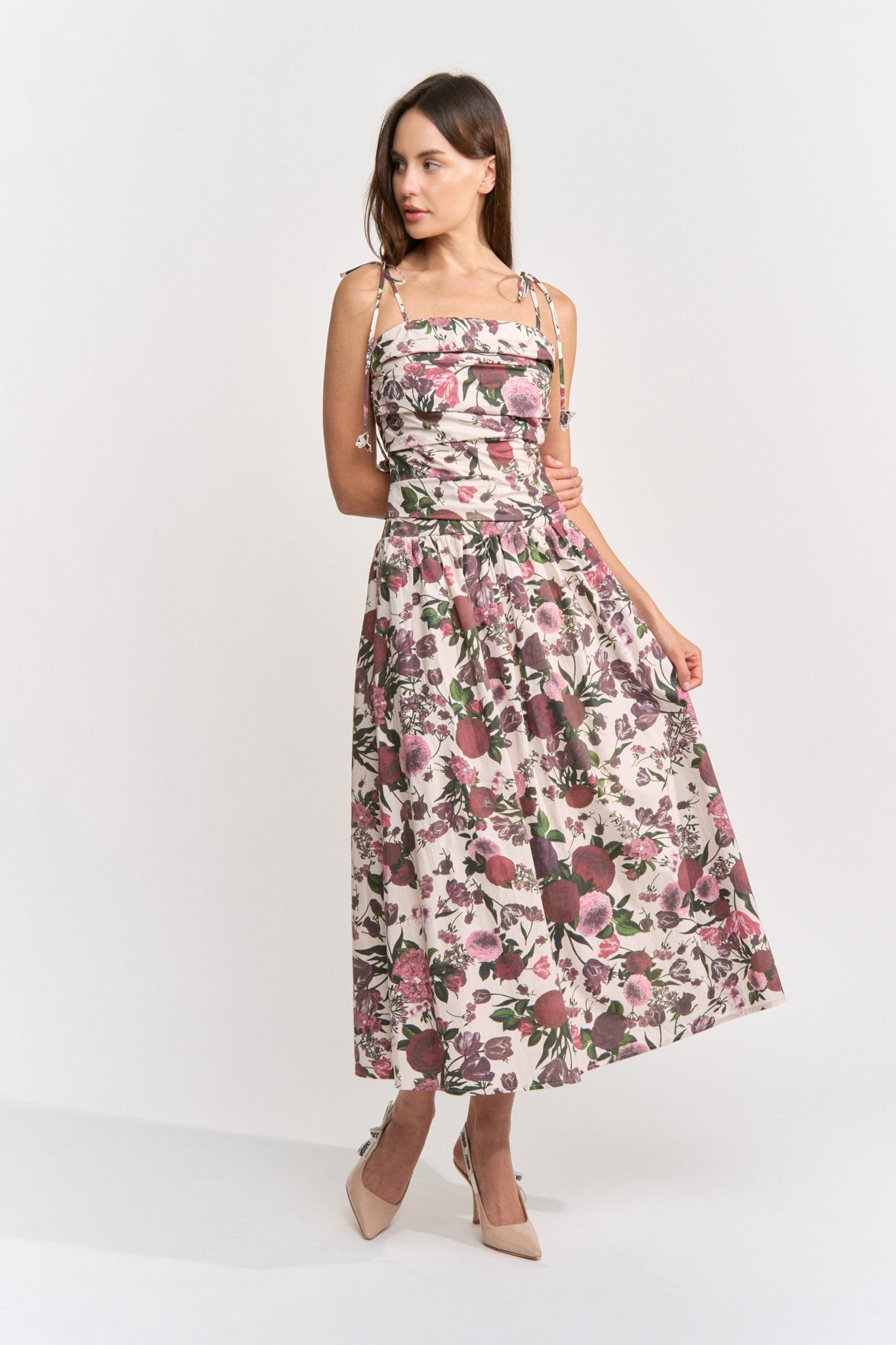 DROP WAIST SHOULDER TIE MIDI DRESS