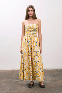STRAPLESS RUCHED MIDI DRESS