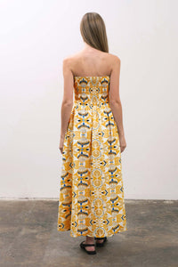 STRAPLESS RUCHED MIDI DRESS