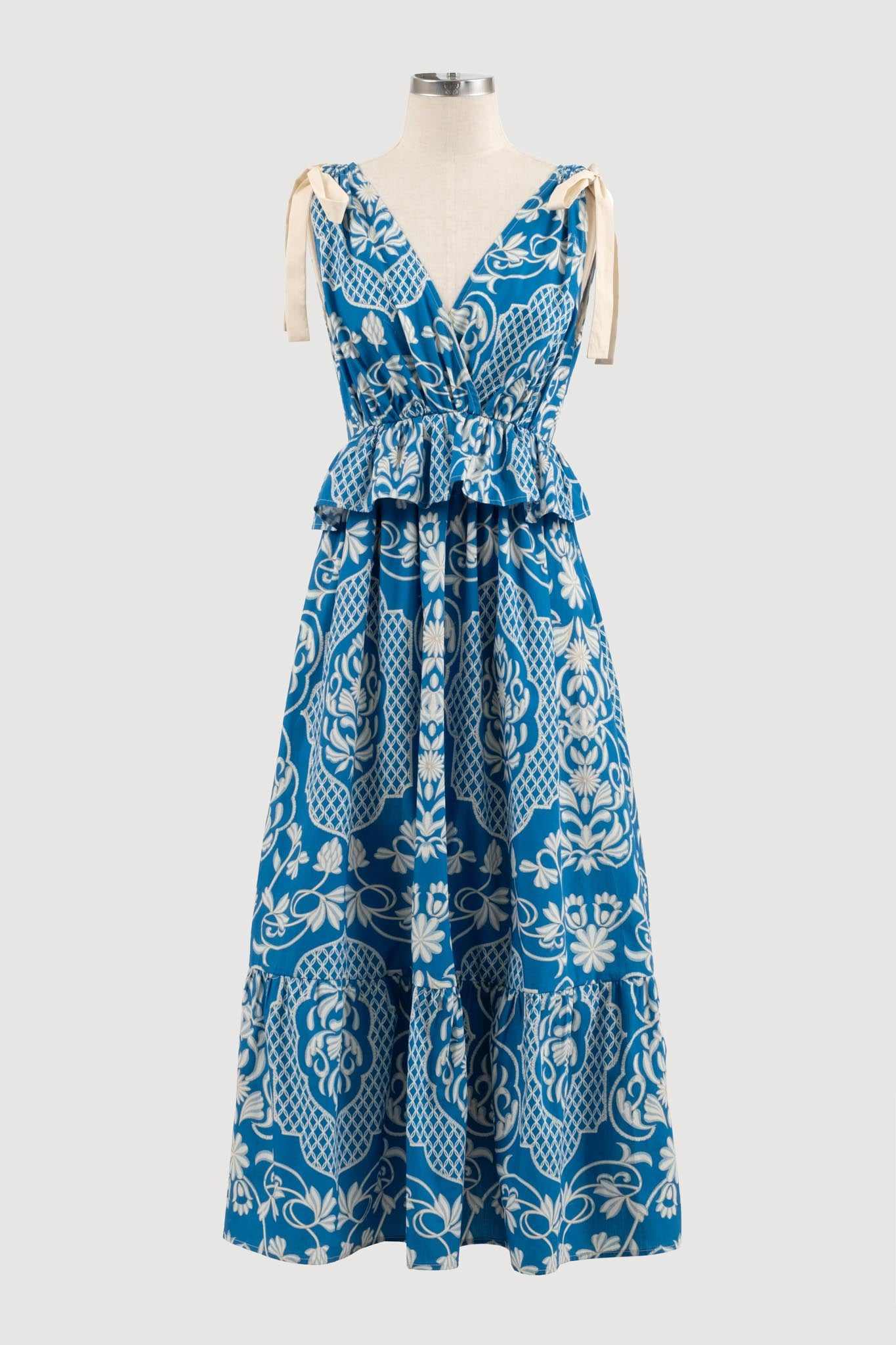 RUFFLE TIE STRAP MIDI DRESS