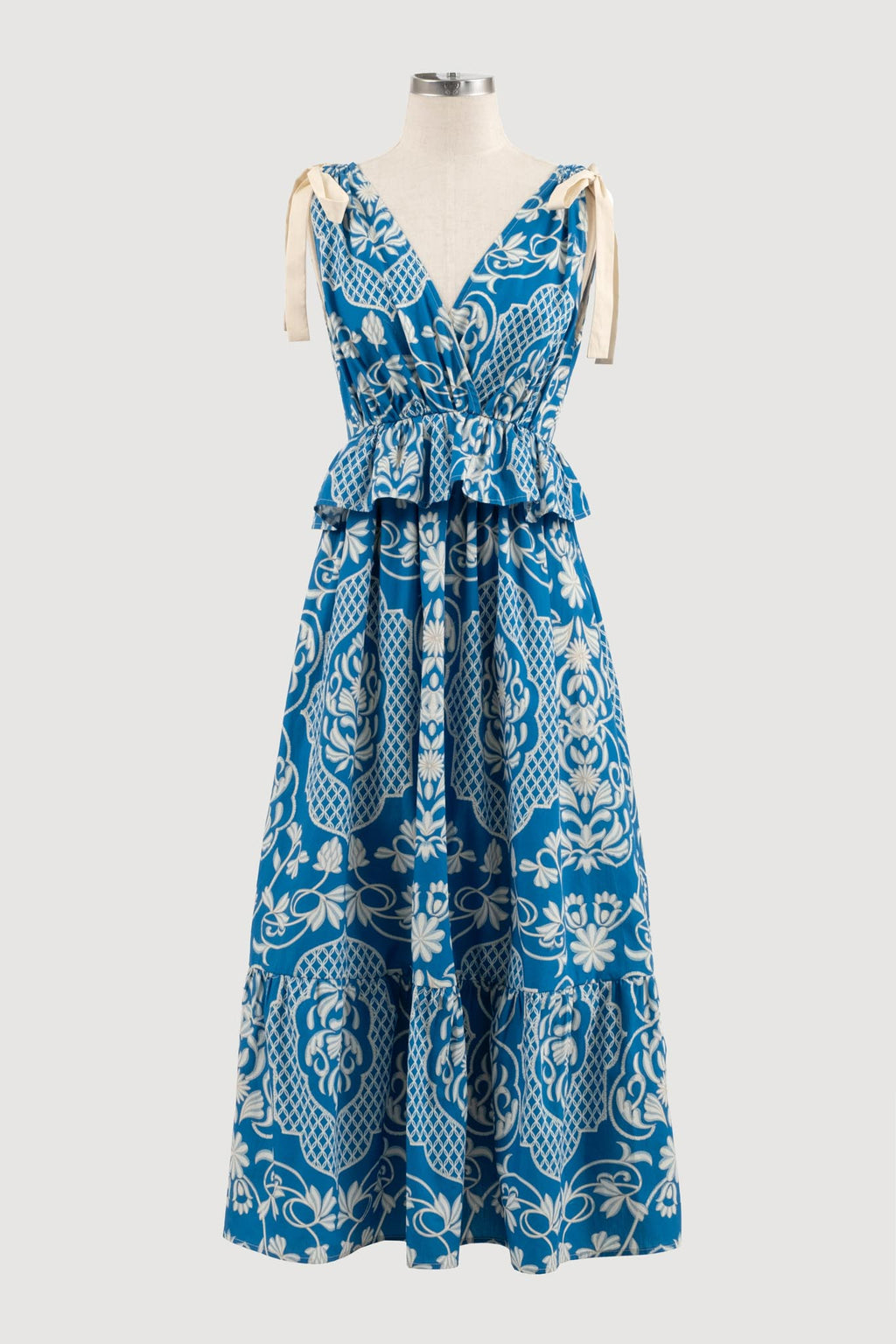 RUFFLE TIE STRAP MIDI DRESS