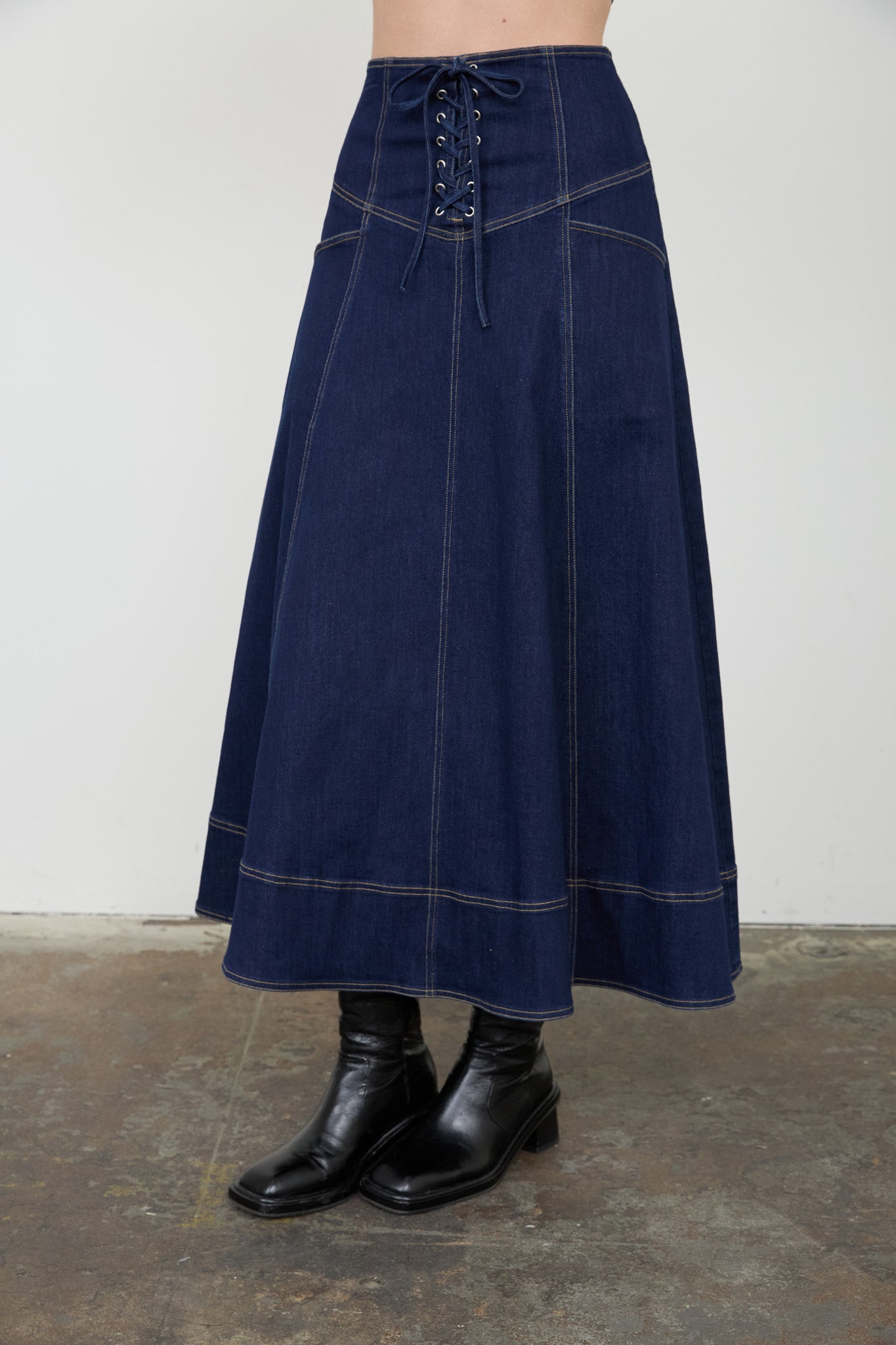 LACE-UP DETAIL DENIM MIDI SKIRT
