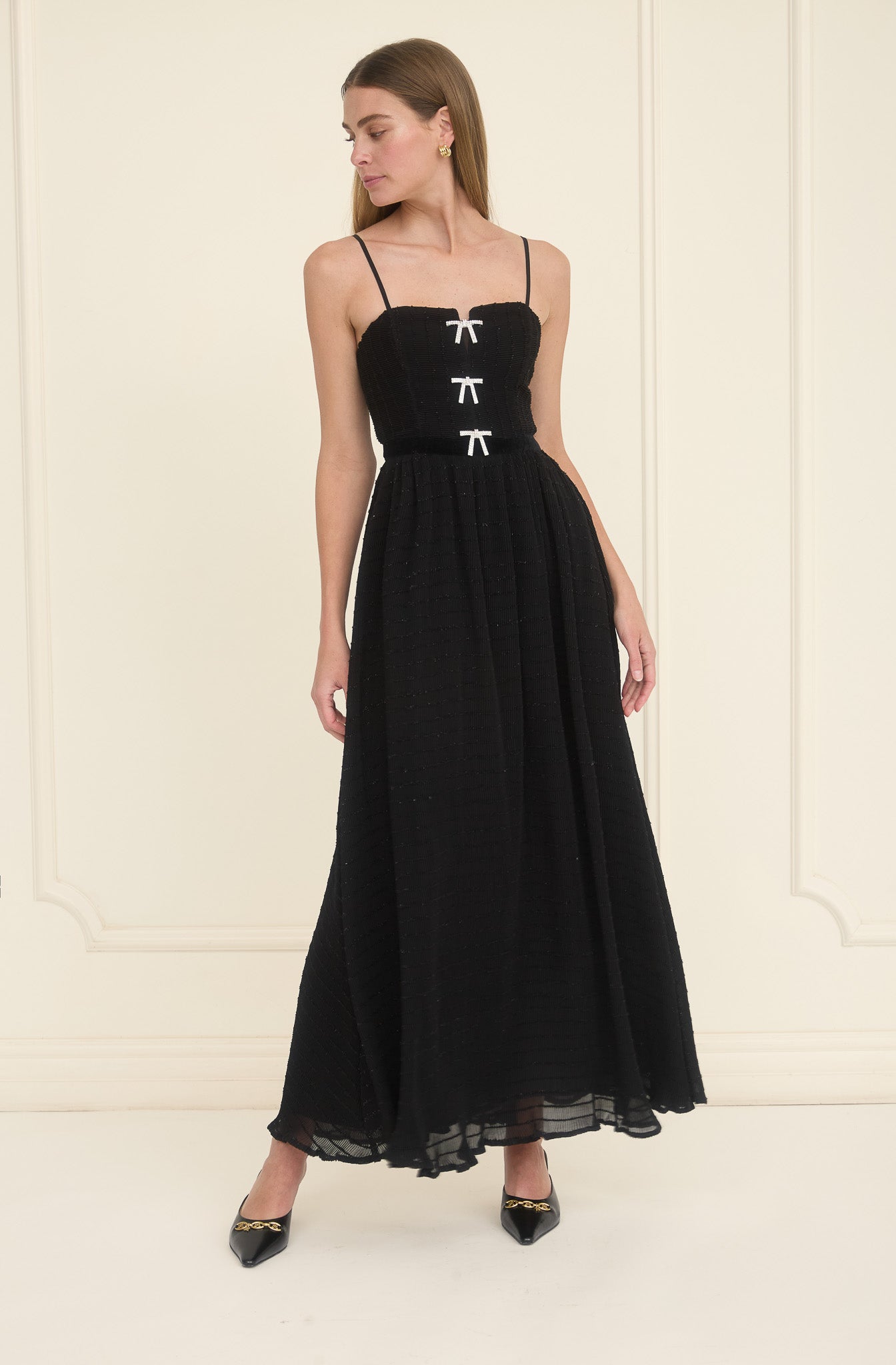 SPAGHETTI STRAP PLEATED TULLE MIDI DRESS