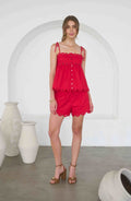 SCALLOP EYELET DETAIL TIE STRAP EMBROIDERED TOP/ELASTIC WAIST SHORTS
